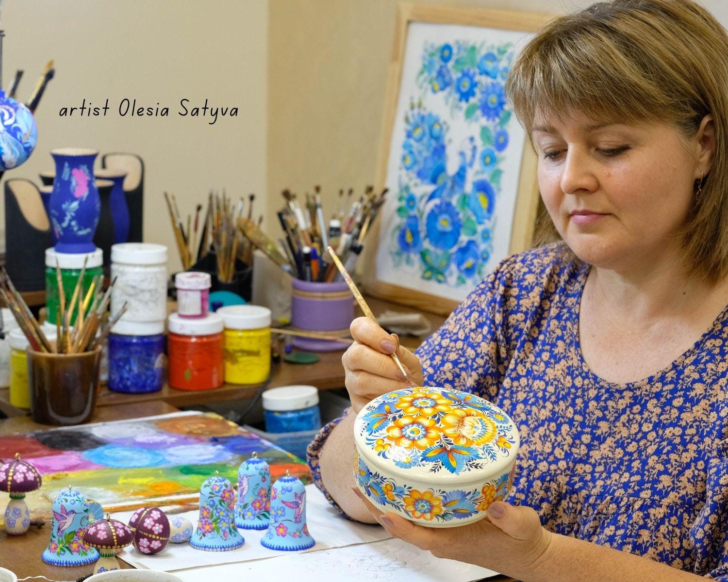 Hand-painted Wooden Jewelry Box with Ukrainian Petrykivka Art - Fairy Bird & Blue Flowers