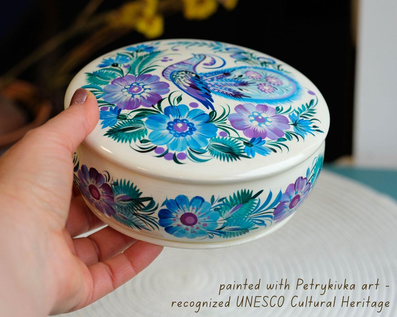 Hand-painted Wooden Jewelry Box with Ukrainian Petrykivka Art - Fairy Bird & Blue Flowers