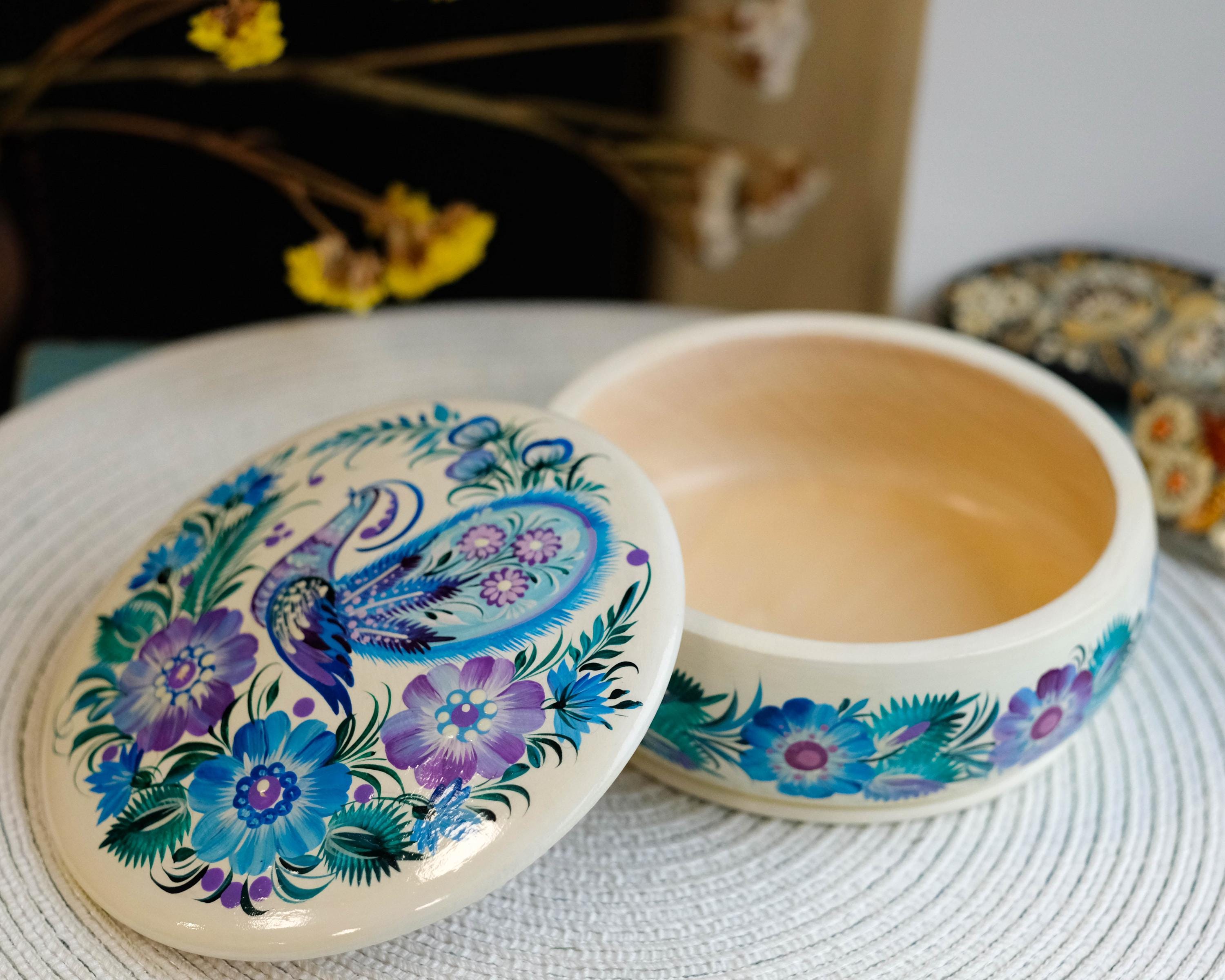 Hand-painted Wooden Jewelry Box with Ukrainian Petrykivka Art - Fairy Bird & Blue Flowers