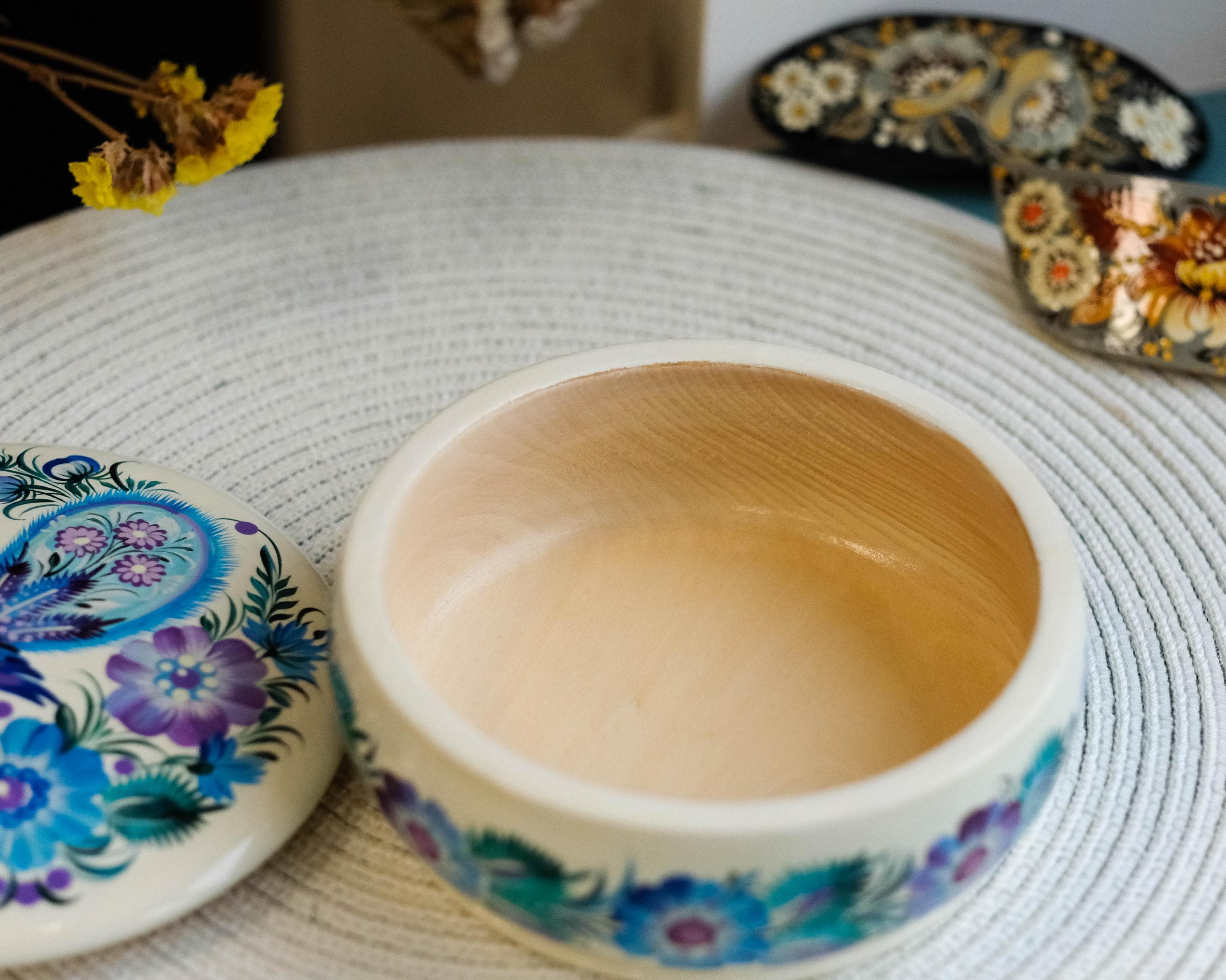 Hand-painted Wooden Jewelry Box with Ukrainian Petrykivka Art - Fairy Bird & Blue Flowers