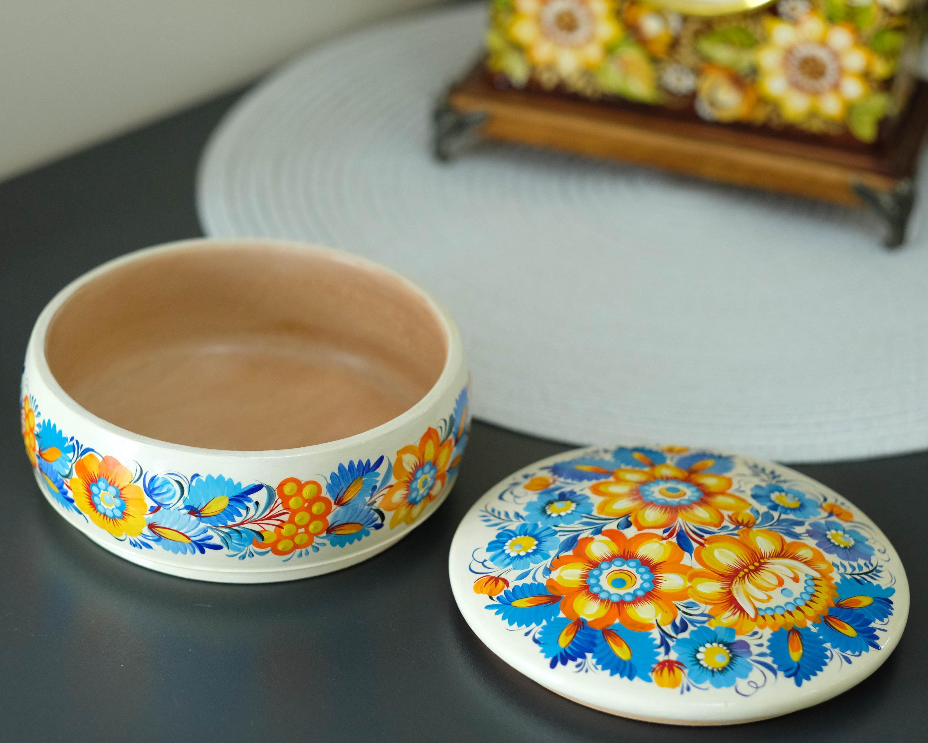 Painted Wooden Sunflower Jewelry Box with Ukrainian Petrykivka Art - Blue & Yellow Flowers