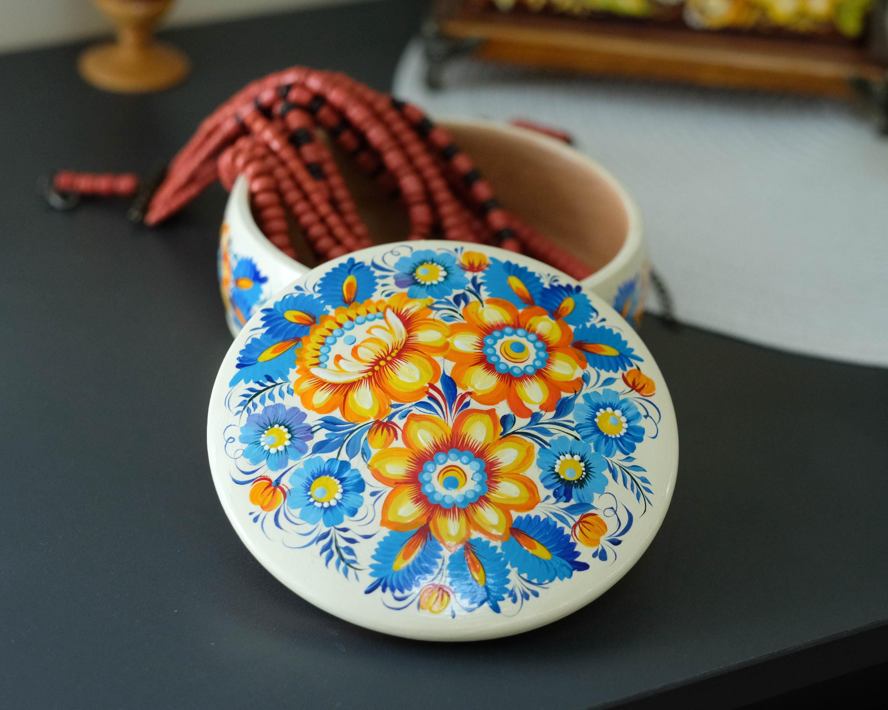 Painted Wooden Sunflower Jewelry Box with Ukrainian Petrykivka Art - Blue & Yellow Flowers
