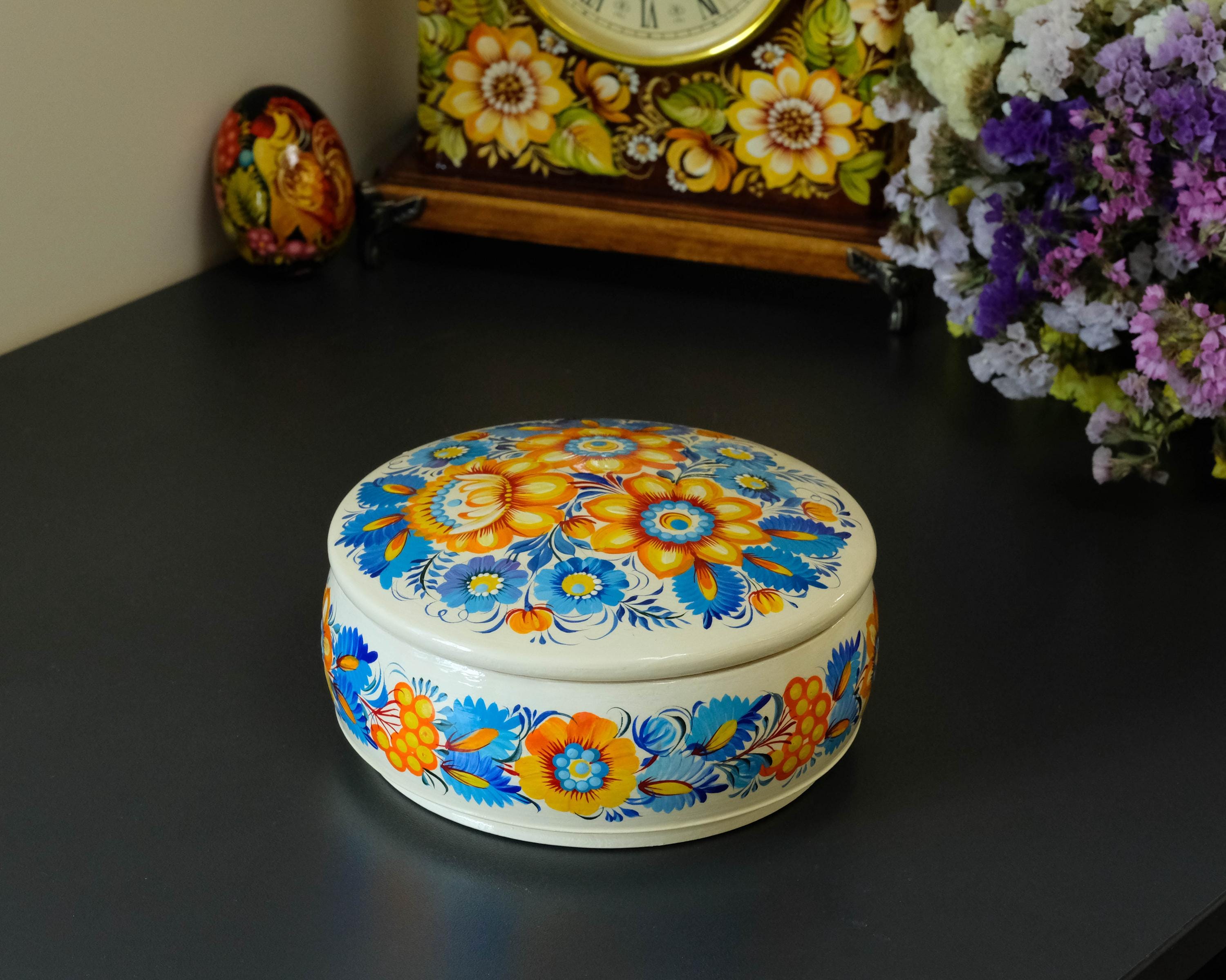 Painted Wooden Sunflower Jewelry Box with Ukrainian Petrykivka Art - Blue & Yellow Flowers