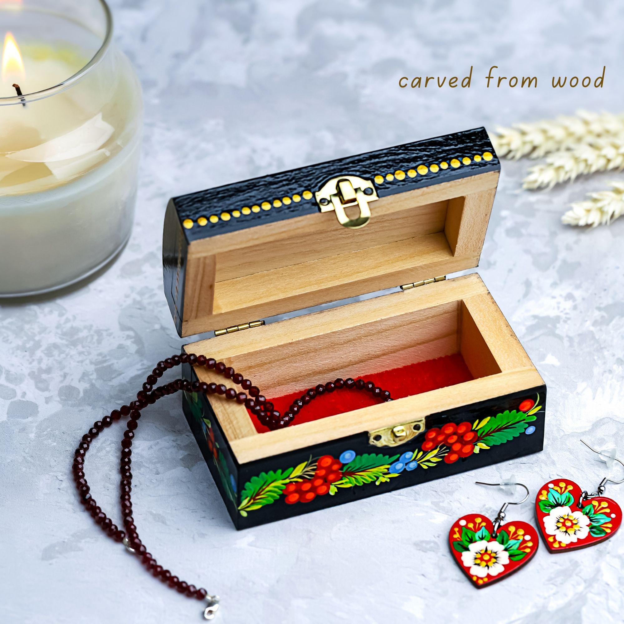 Painted Wooden Treasure Chest with Firebird 4.13 inches - Ukrainian Petrykivka Folk Art