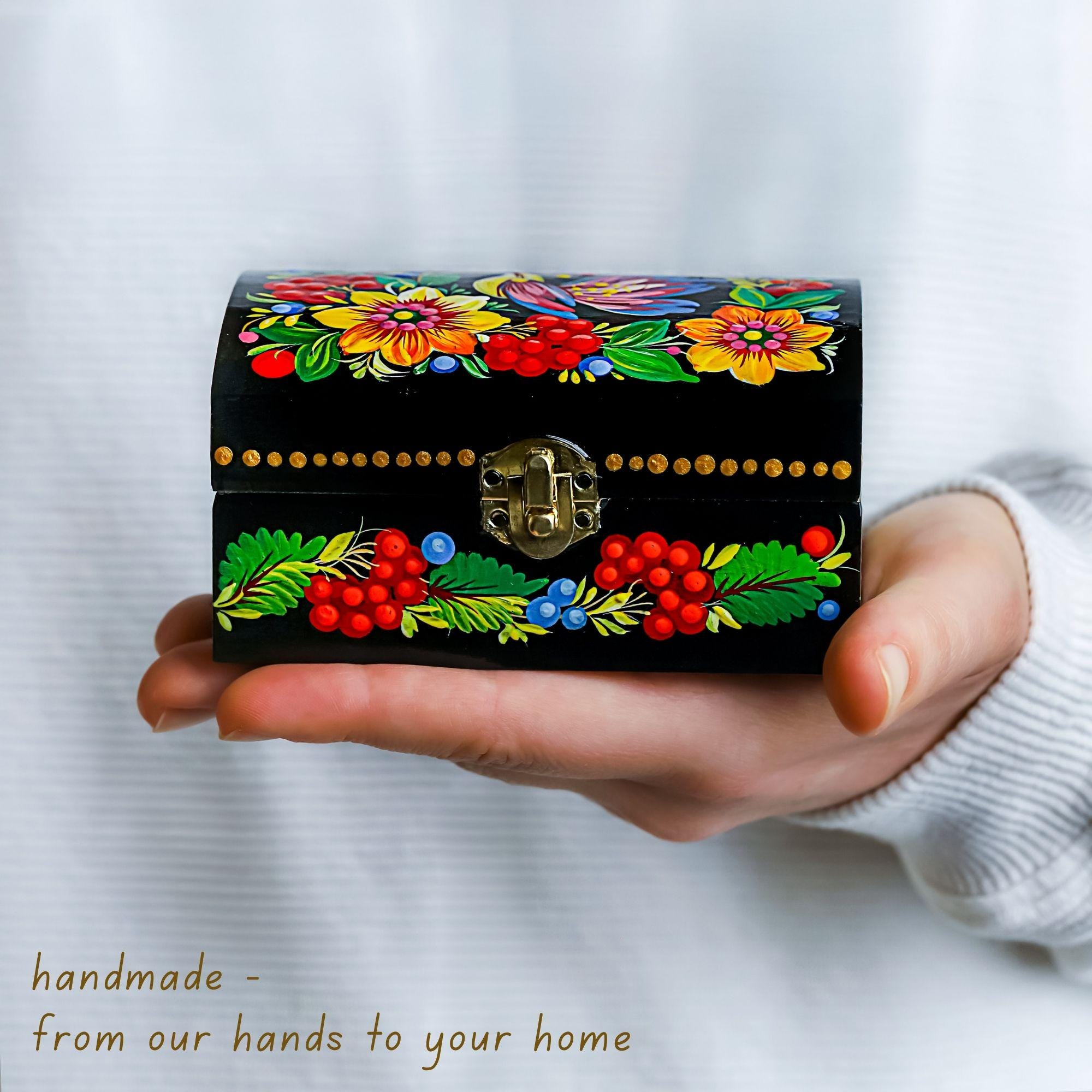 Painted Wooden Treasure Chest with Firebird 4.13 inches - Ukrainian Petrykivka Folk Art
