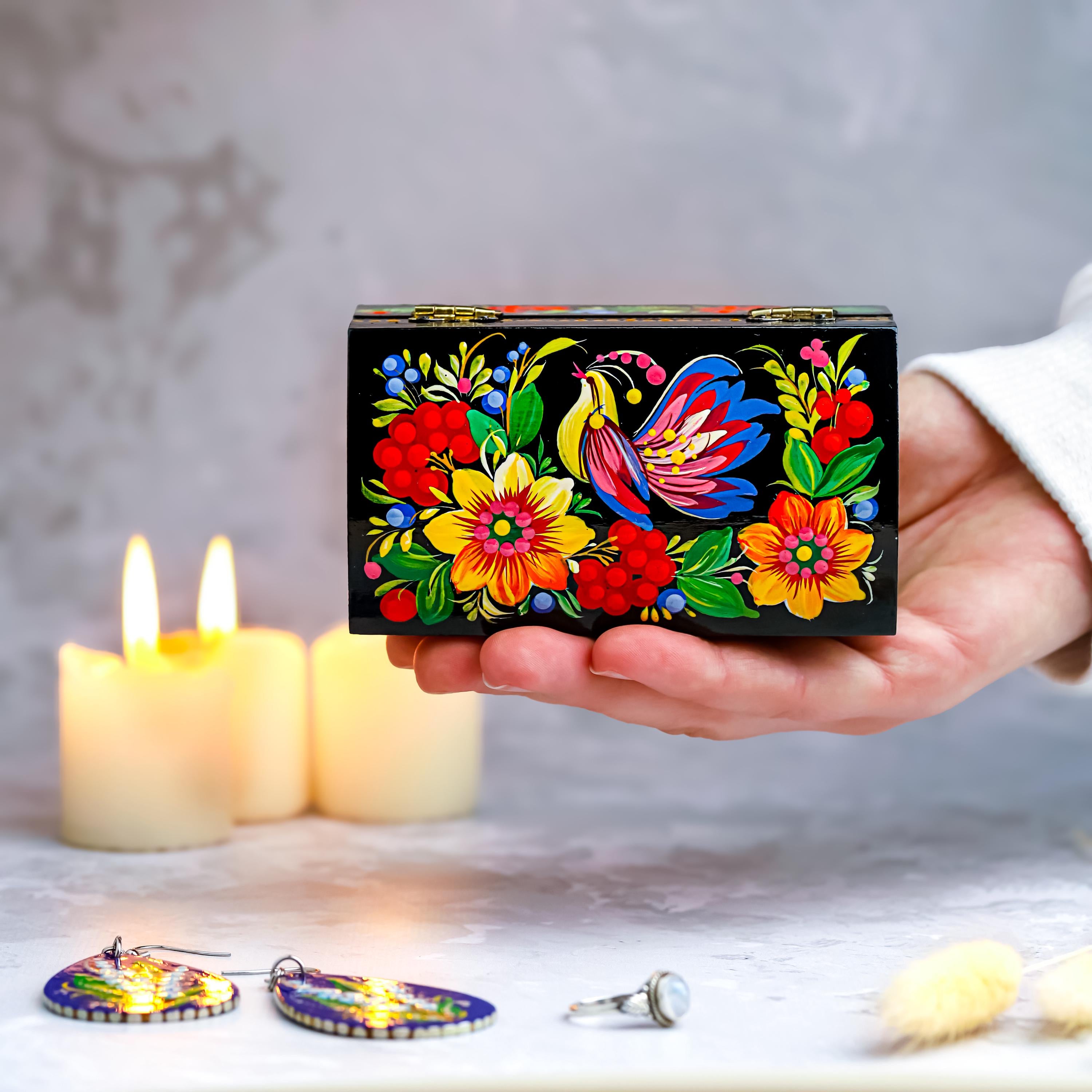 Painted Wooden Treasure Chest with Firebird 4.13 inches - Ukrainian Petrykivka Folk Art