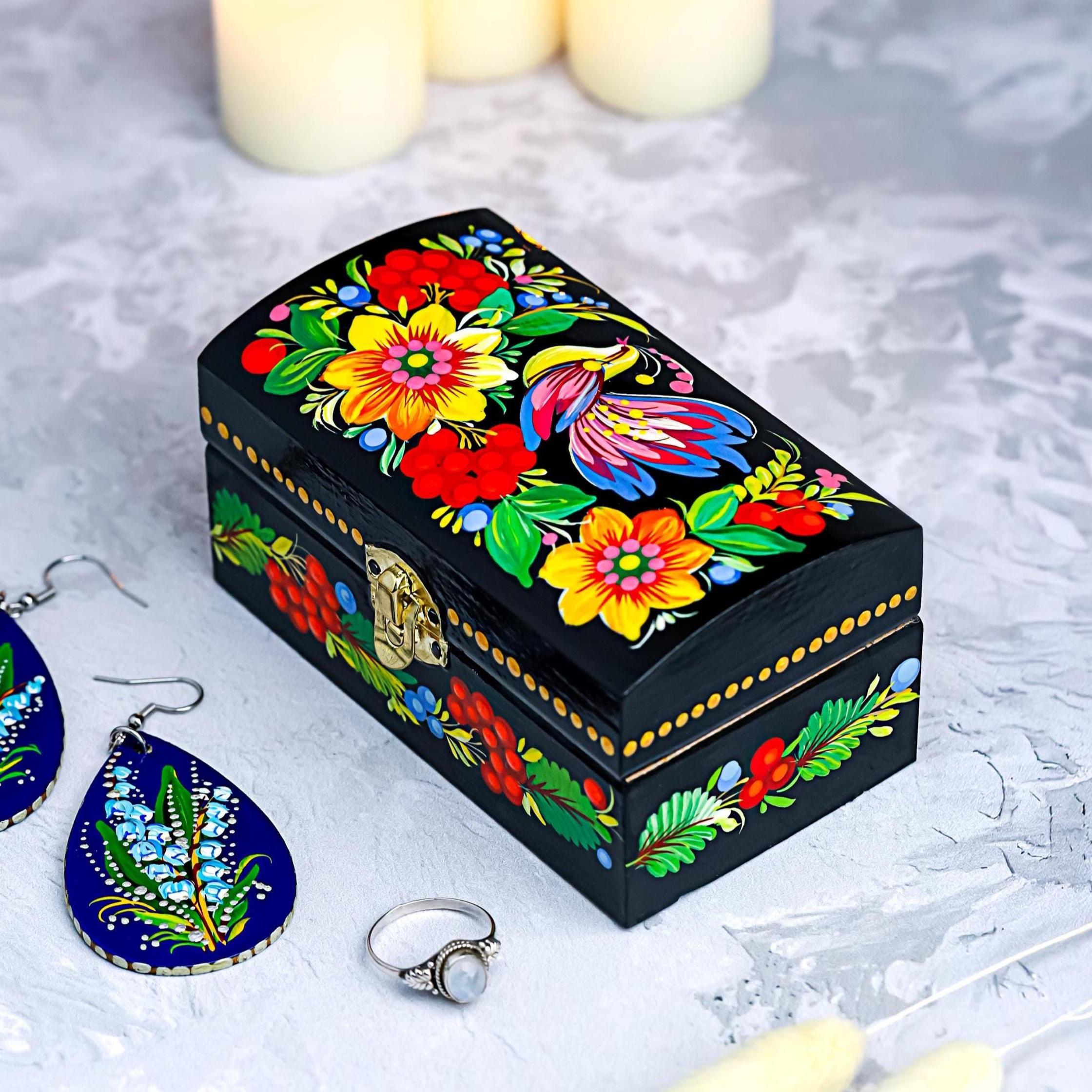 Painted Wooden Treasure Chest with Firebird 4.13 inches - Ukrainian Petrykivka Folk Art