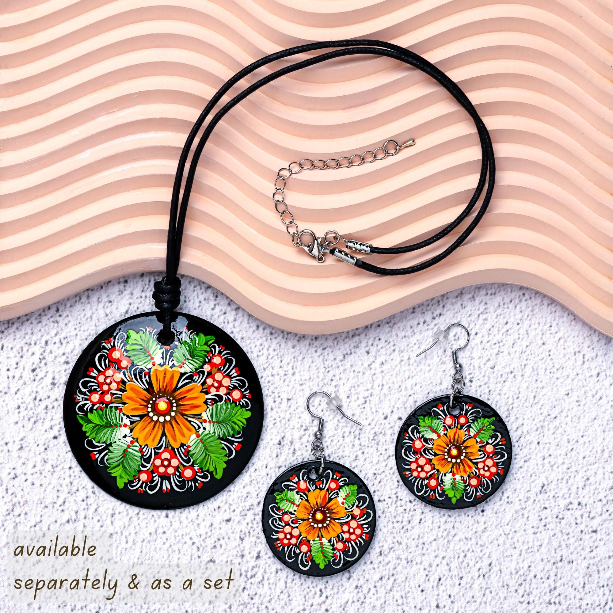 Hand-Painted Wooden Pendant Necklace – Ukrainian Petrykivka Folk Art Statement Medallion
