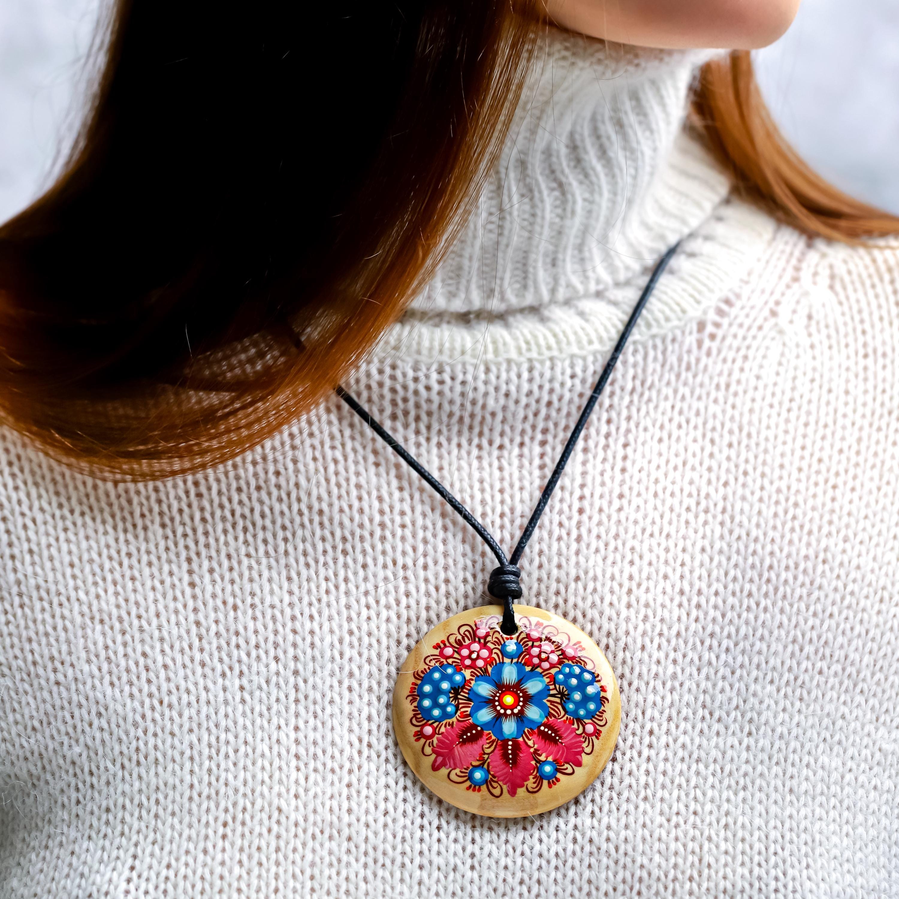 Hand-Painted Wooden Pendant Necklace – Ukrainian Petrykivka Folk Art Statement Medallion