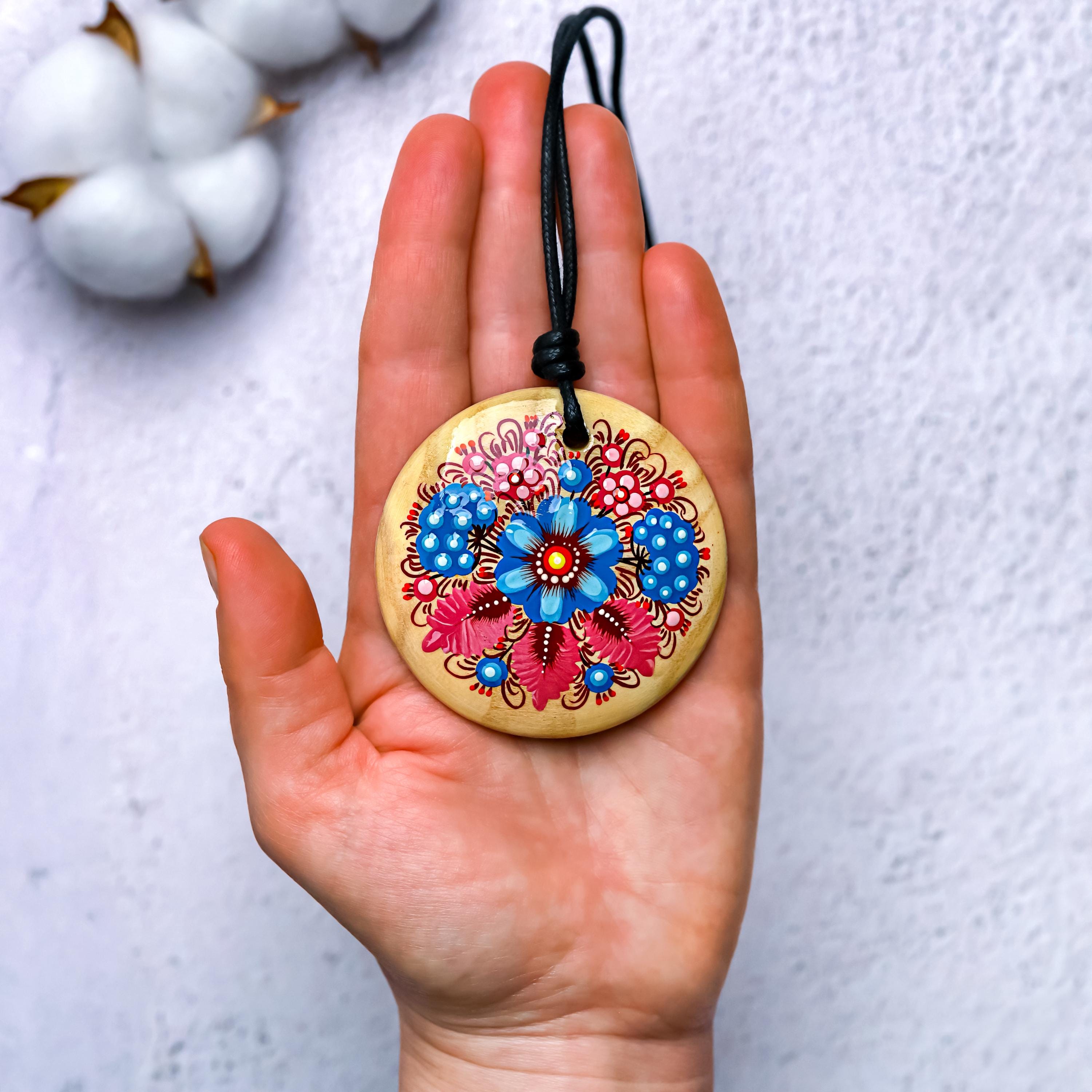 Hand-Painted Wooden Pendant Necklace – Ukrainian Petrykivka Folk Art Statement Medallion