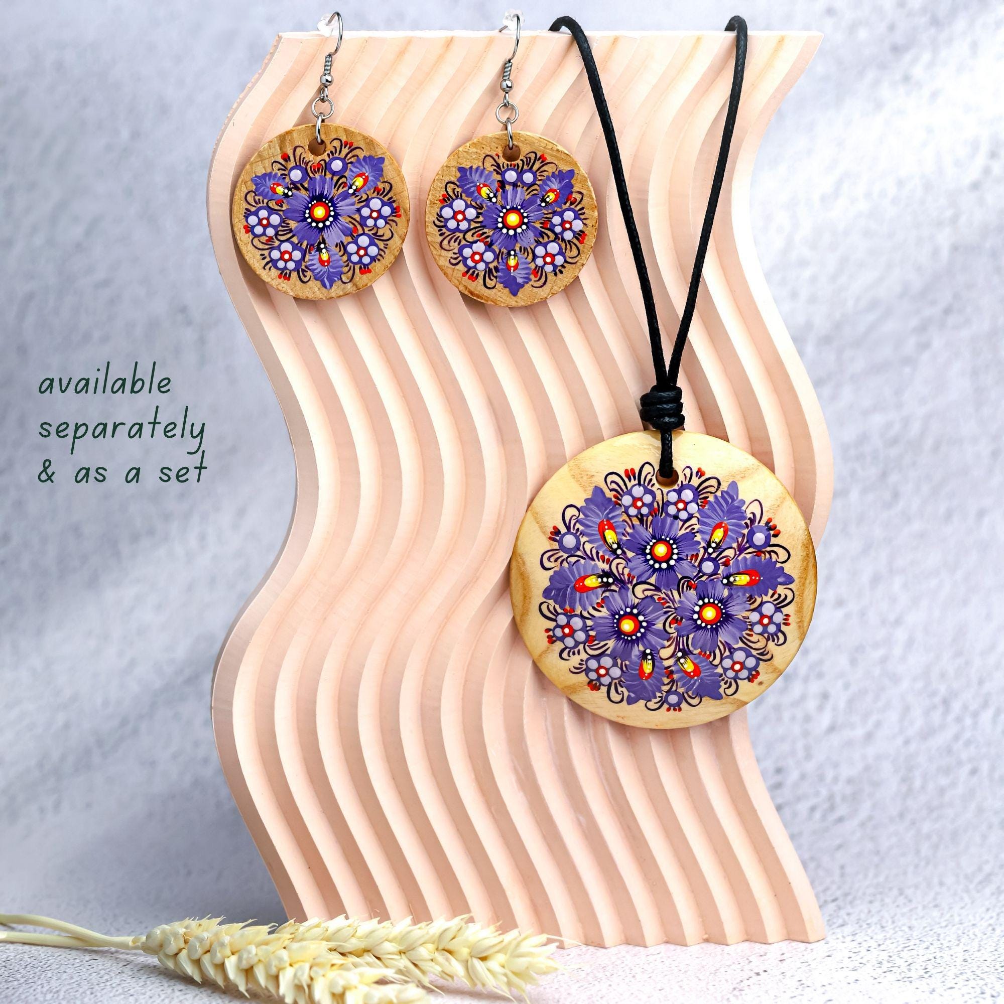 Hand-Painted Wooden Pendant Necklace – Ukrainian Petrykivka Folk Art Statement Jewelry