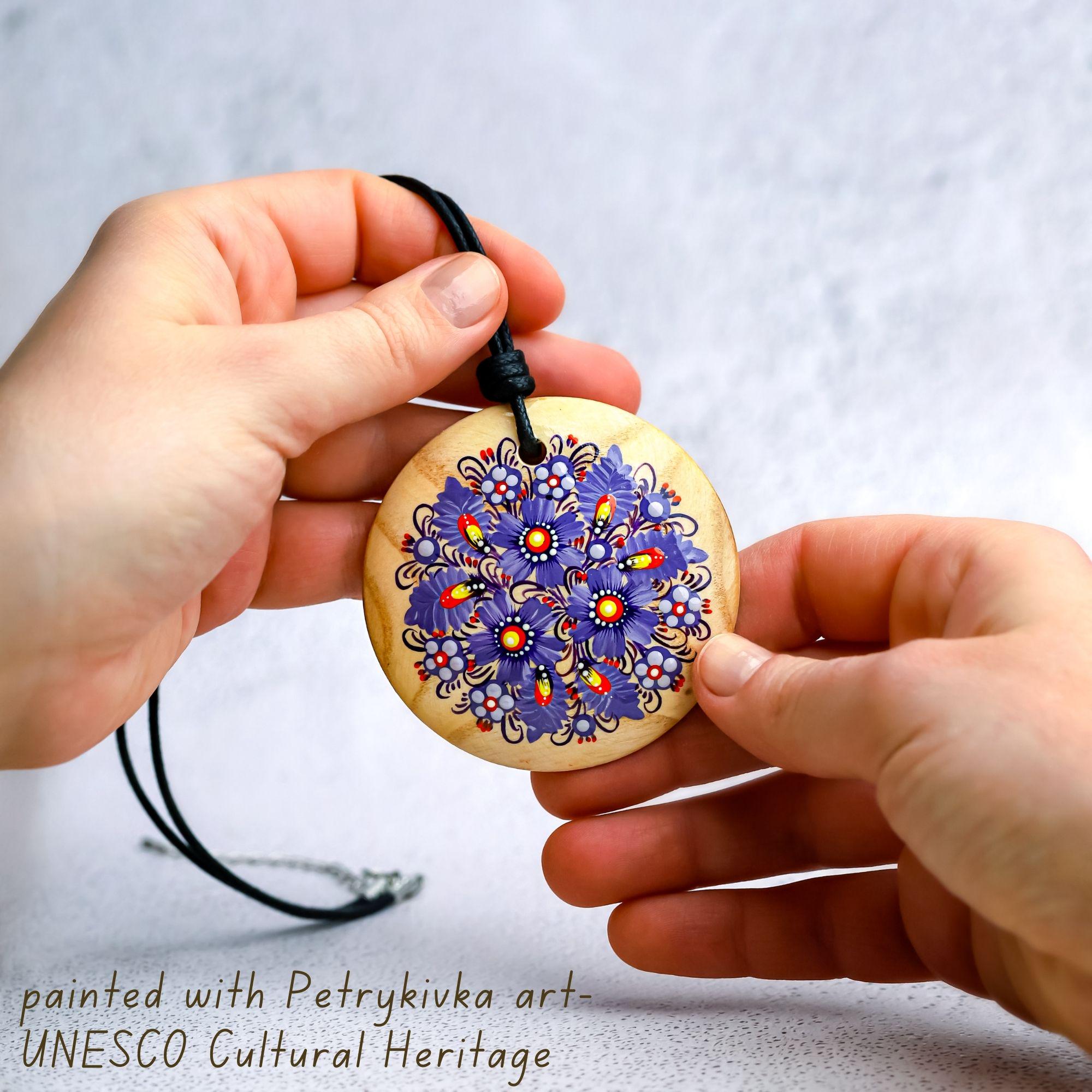 Hand-Painted Wooden Pendant Necklace – Ukrainian Petrykivka Folk Art Statement Jewelry