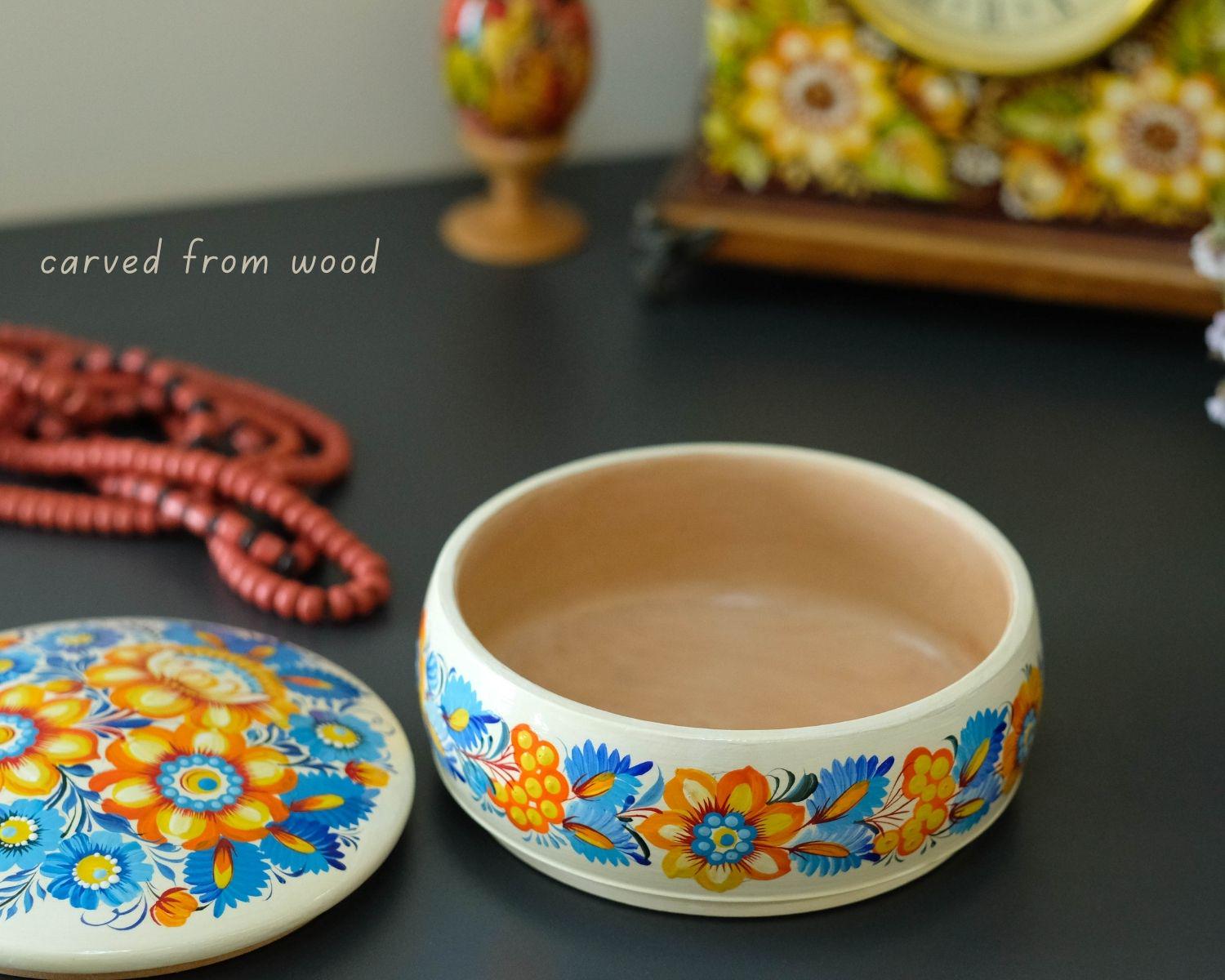 Painted Wooden Sunflower Jewelry Box with Ukrainian Petrykivka Art - Blue & Yellow Flowers