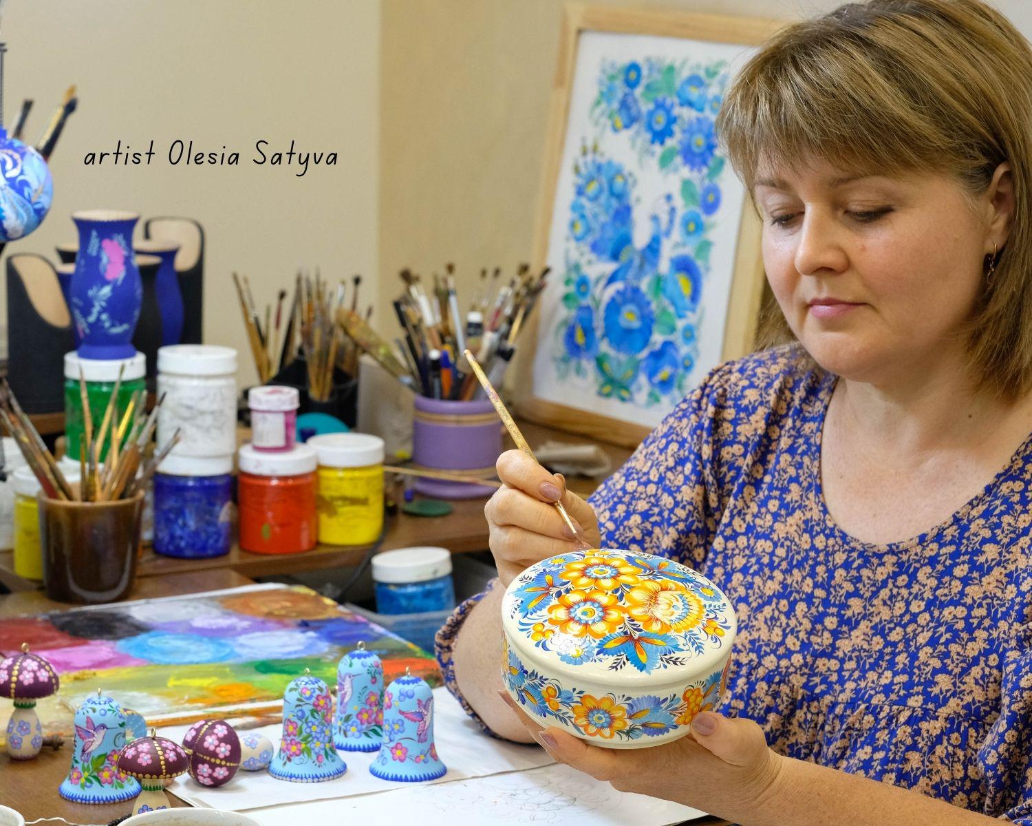 Painted Wooden Sunflower Jewelry Box with Ukrainian Petrykivka Art - Blue & Yellow Flowers