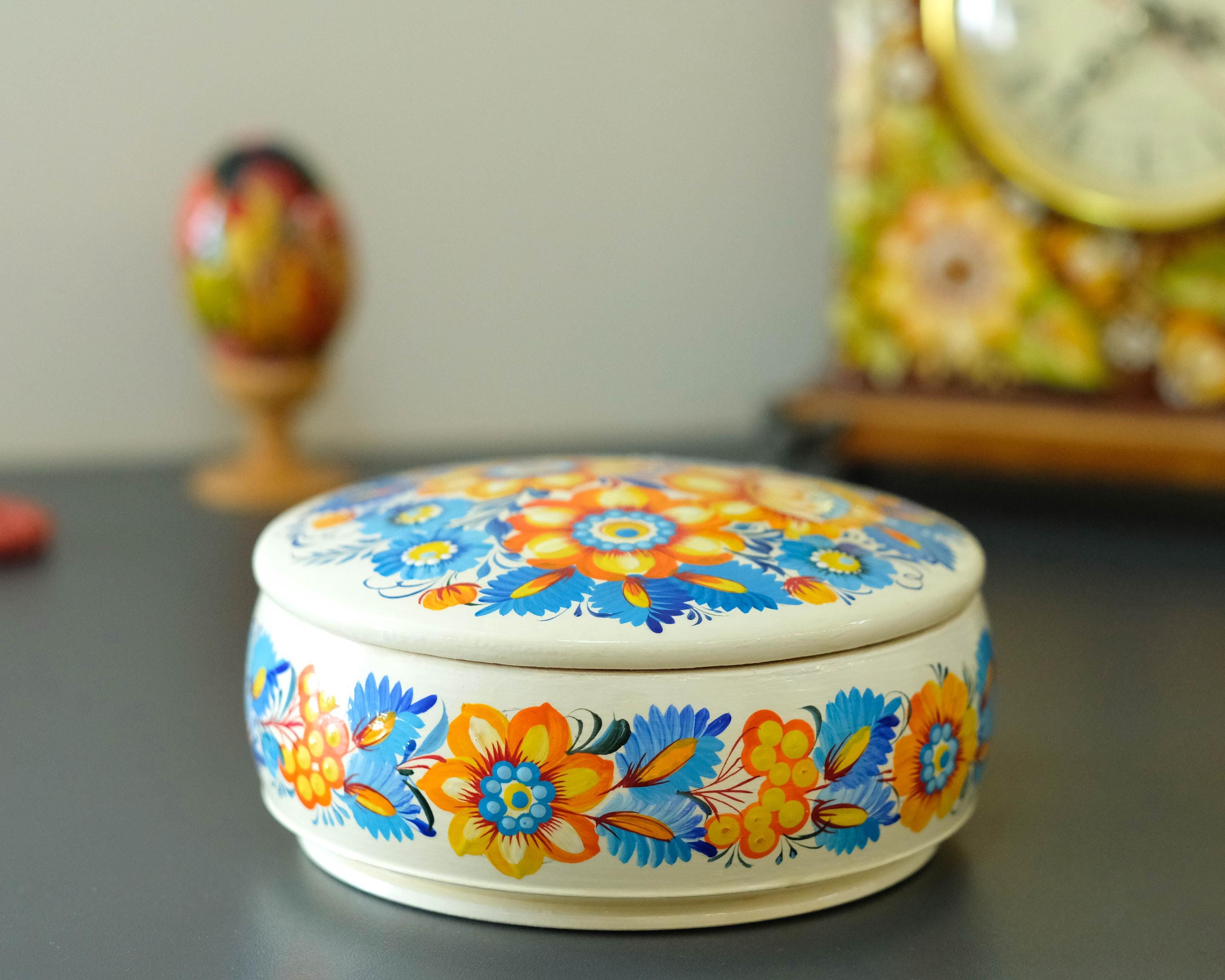 Painted Wooden Sunflower Jewelry Box with Ukrainian Petrykivka Art - Blue & Yellow Flowers