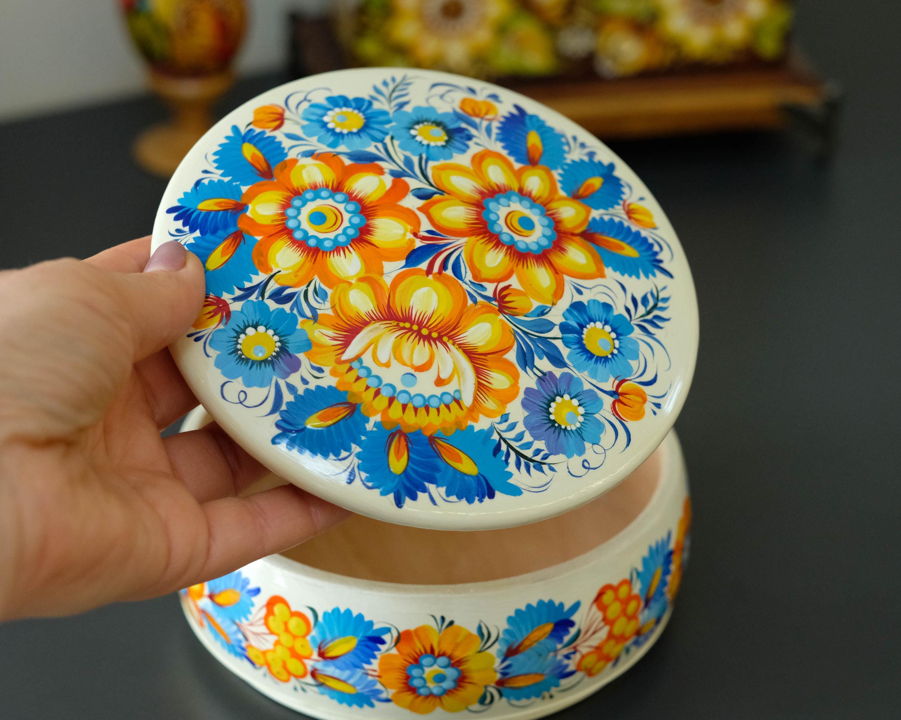 Painted Wooden Sunflower Jewelry Box with Ukrainian Petrykivka Art - Blue & Yellow Flowers