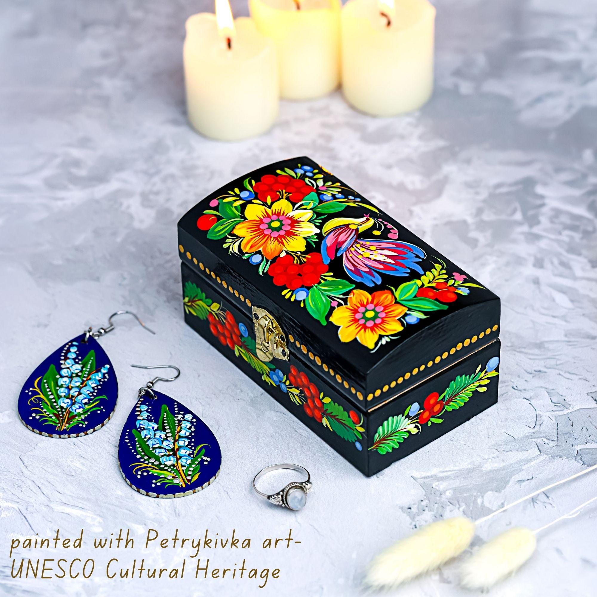 Painted Wooden Treasure Chest with Firebird 4.13 inches - Ukrainian Petrykivka Folk Art