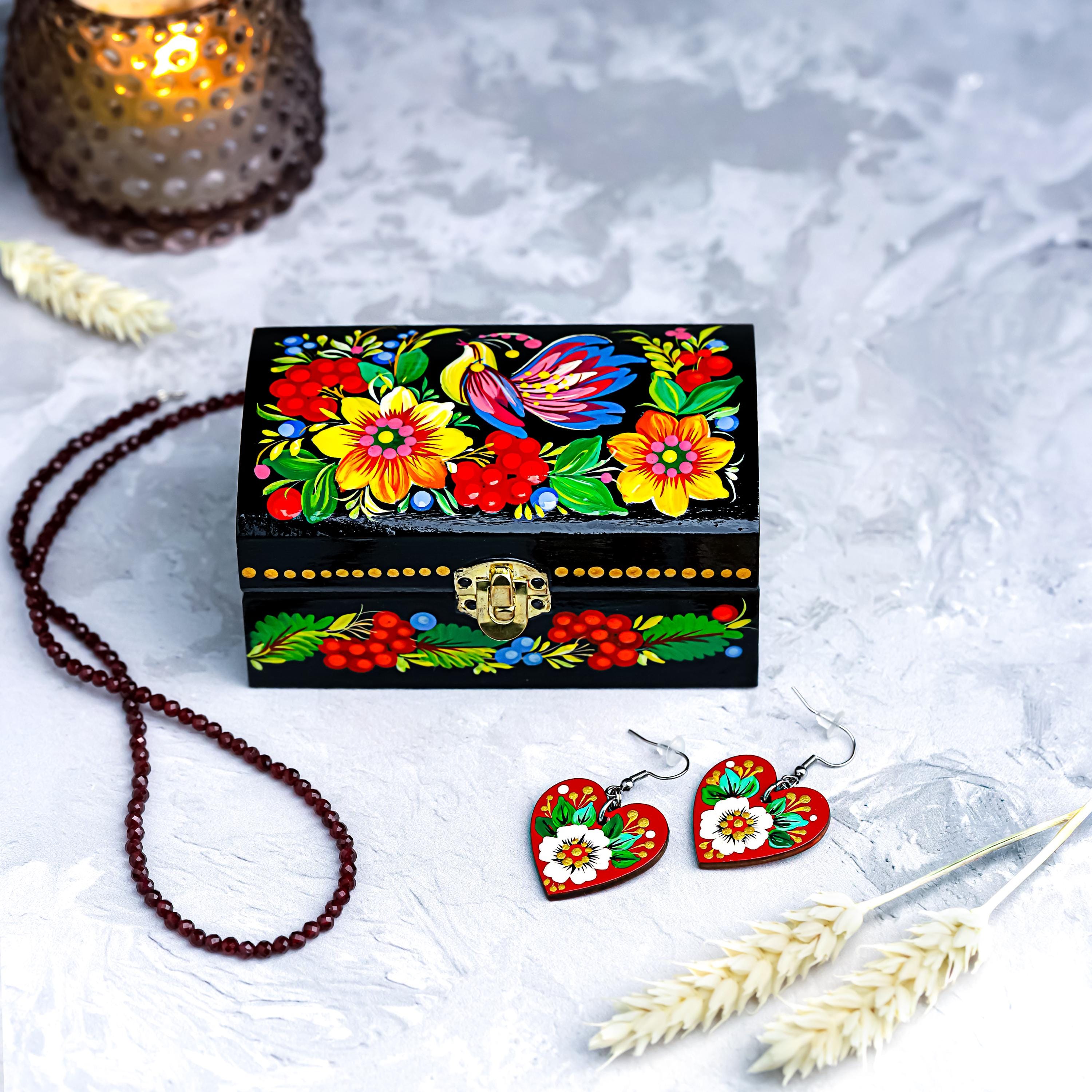 Painted Wooden Treasure Chest with Firebird 4.13 inches - Ukrainian Petrykivka Folk Art