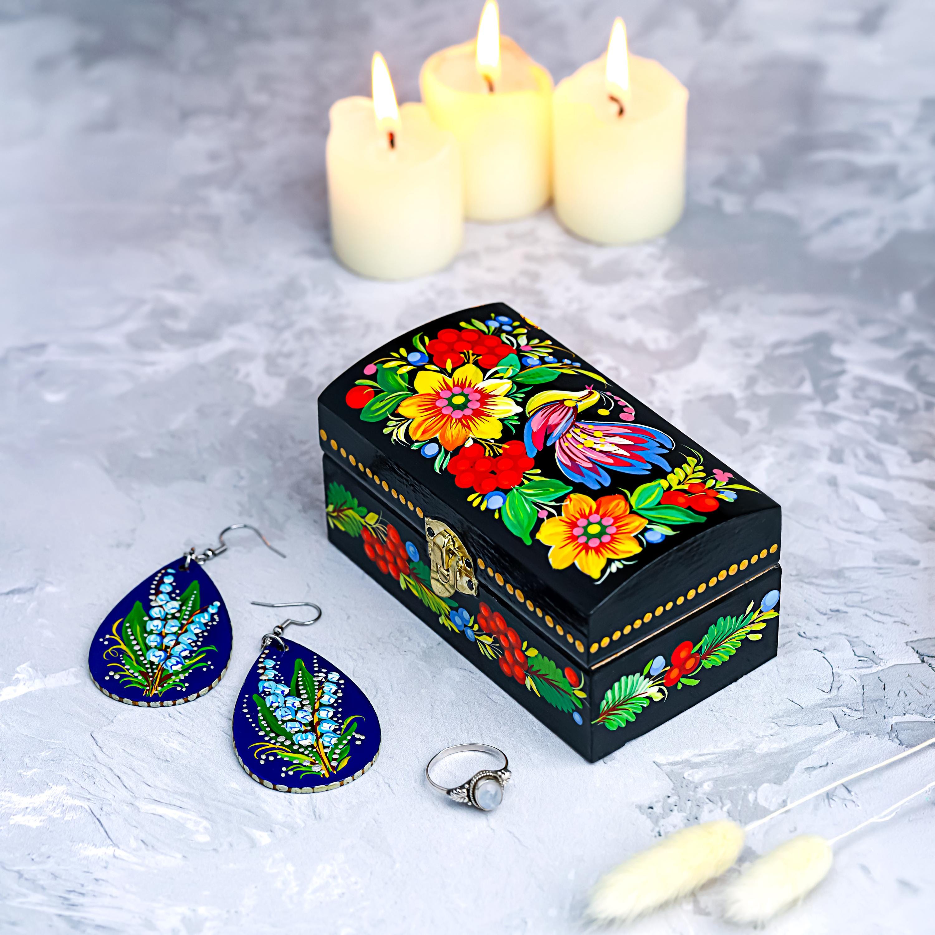 Painted Wooden Treasure Chest with Firebird 4.13 inches - Ukrainian Petrykivka Folk Art