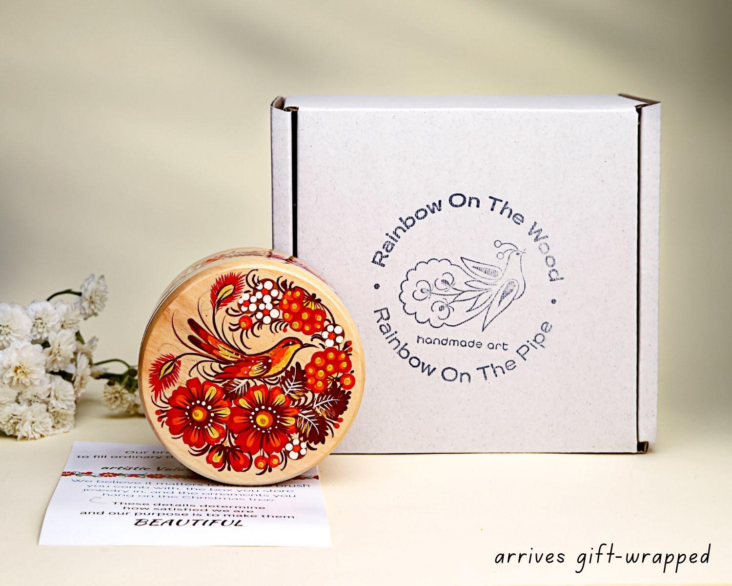Painted Wooden Jewelry Box 8.3" - Firebirds Couple Treasure Chest with Ukrainian Petrykivka Art