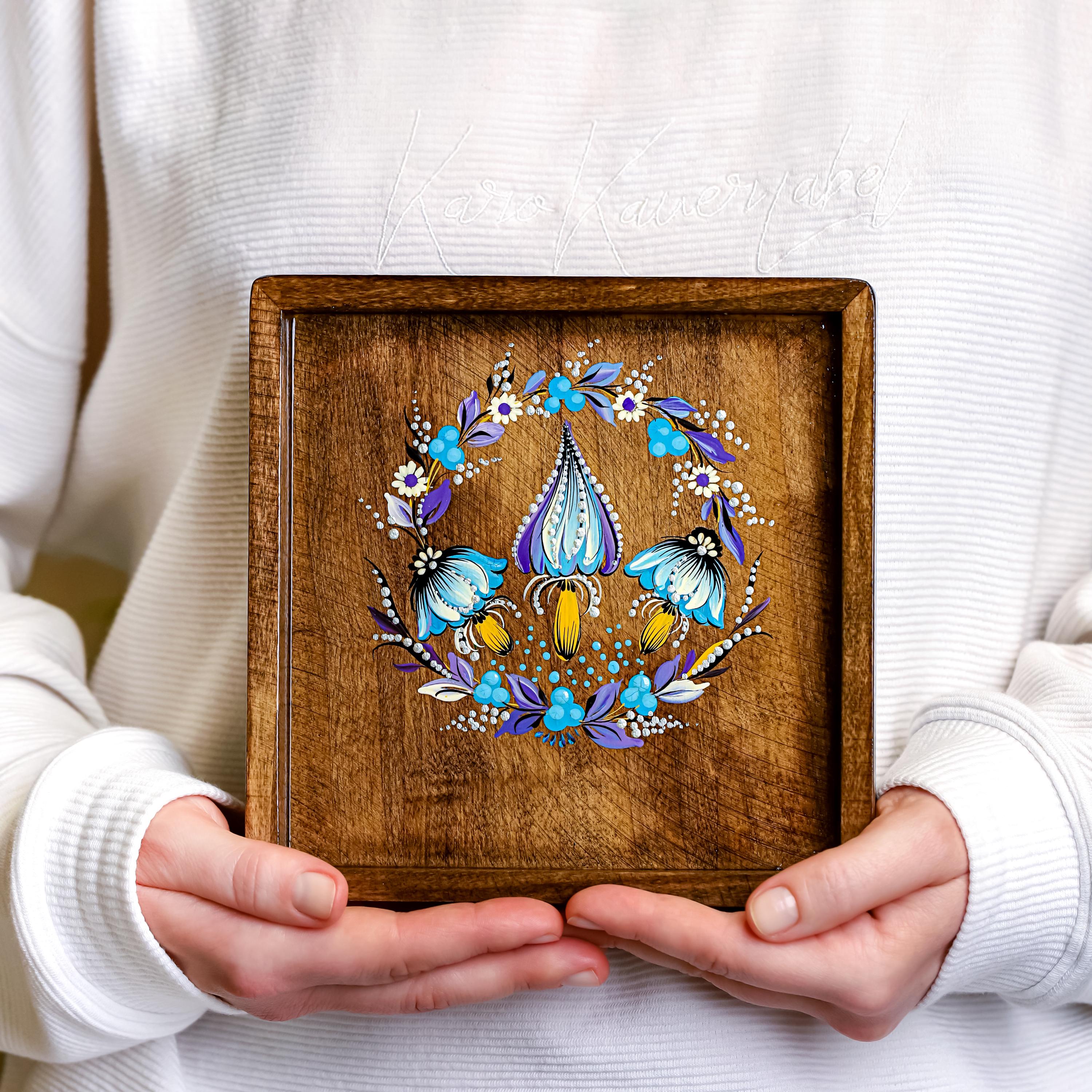 Painted Wooden Vanity Tray with Ukrainian Petrykivka Art - Dark Wood Blue Mushroom Catch All Tray