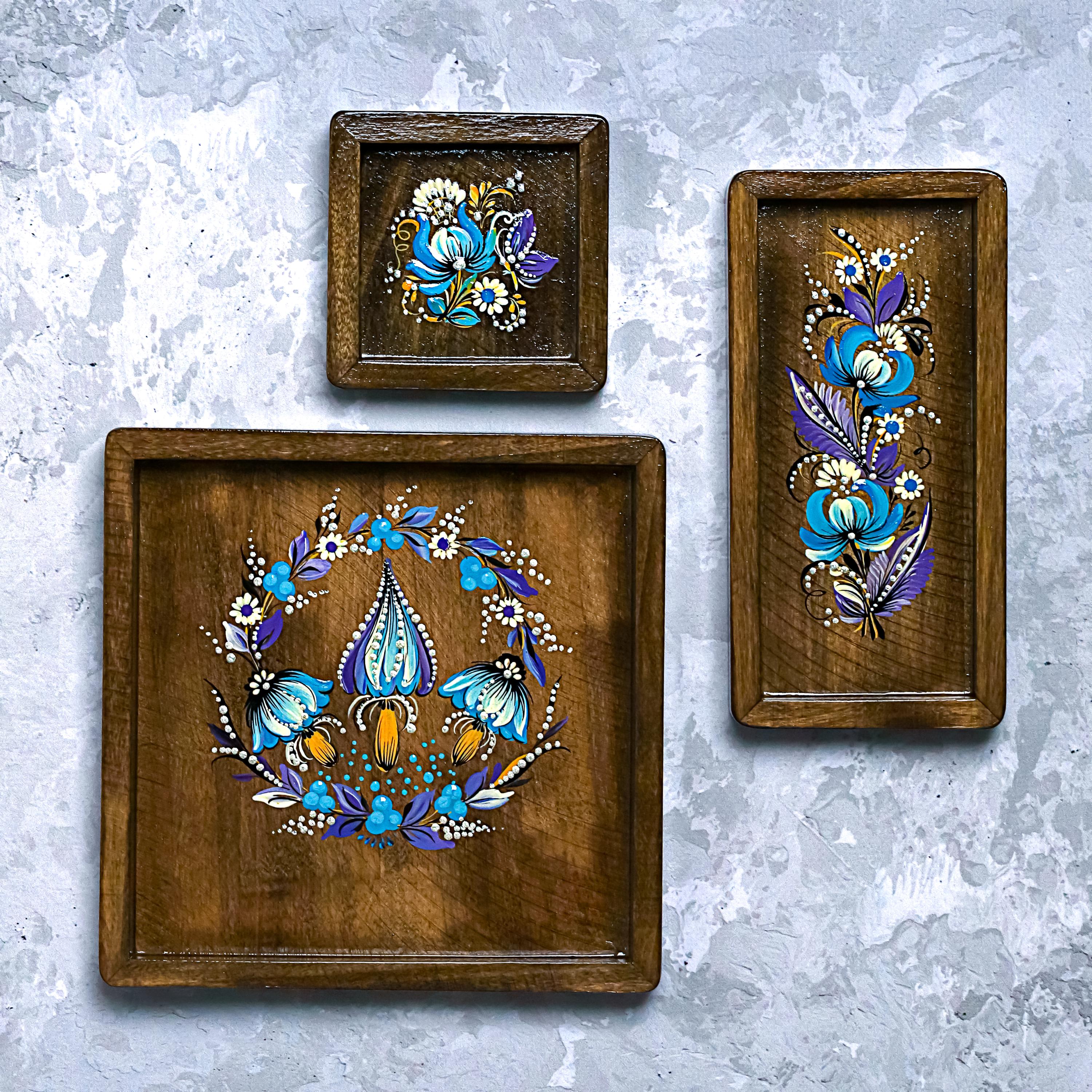 Painted Wooden Vanity Tray with Ukrainian Petrykivka Art - Dark Wood Blue Mushroom Catch All Tray