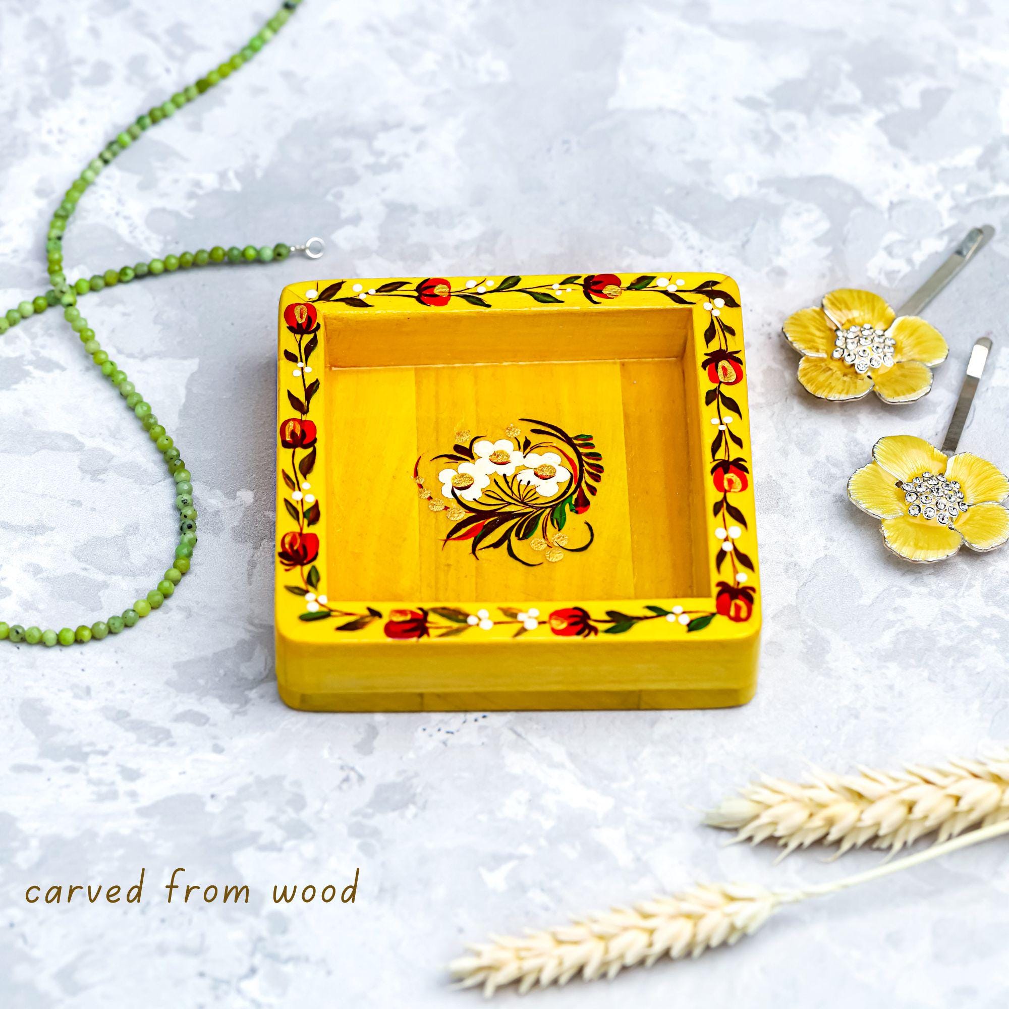 Painted Wooden Vanity Tray with Ukrainian Petrykivka Art - Yellow Flower Catch All Tray