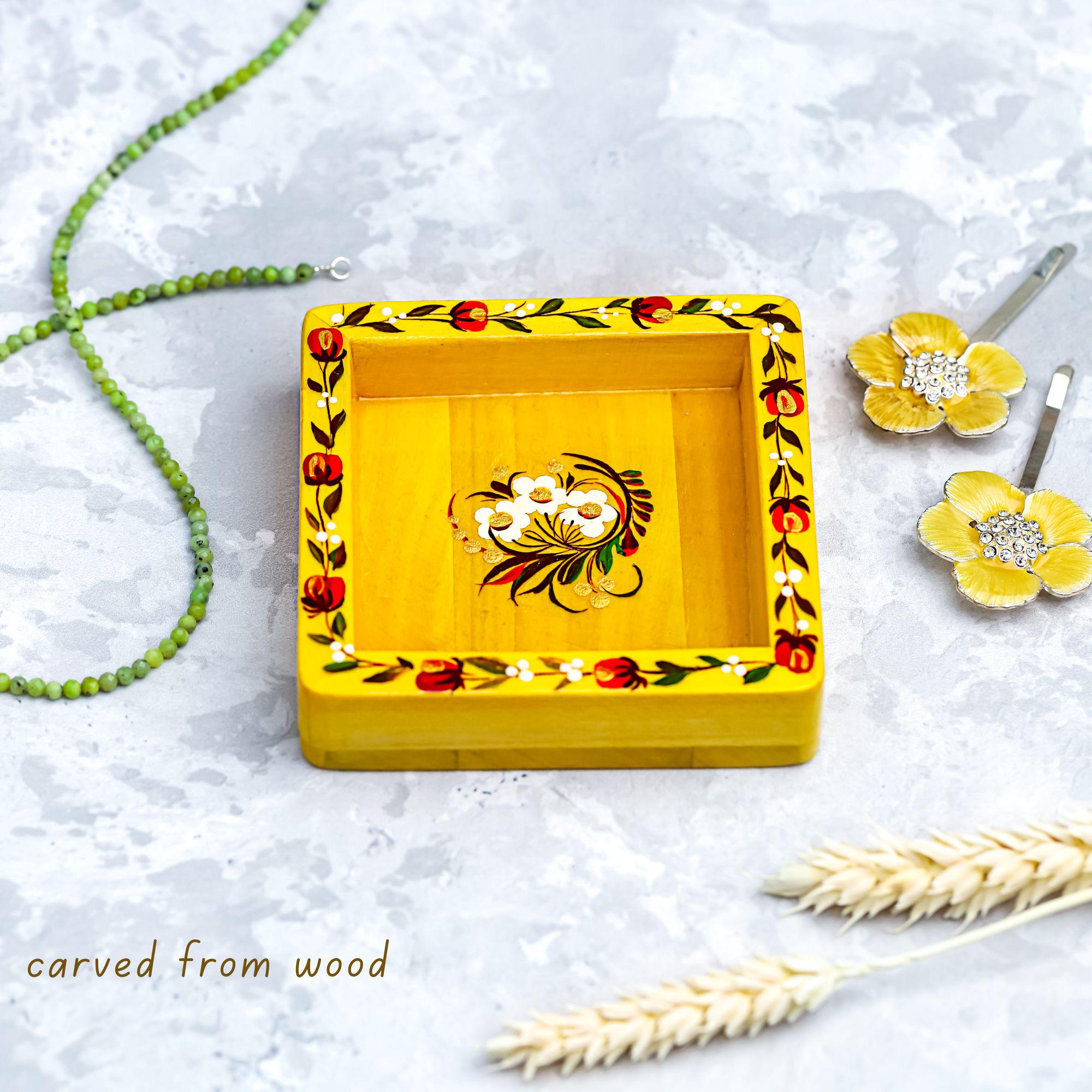 Painted Wooden Decorative Tray with Ukrainian Petrykivka Art - Yellow Flower Catch All Tray