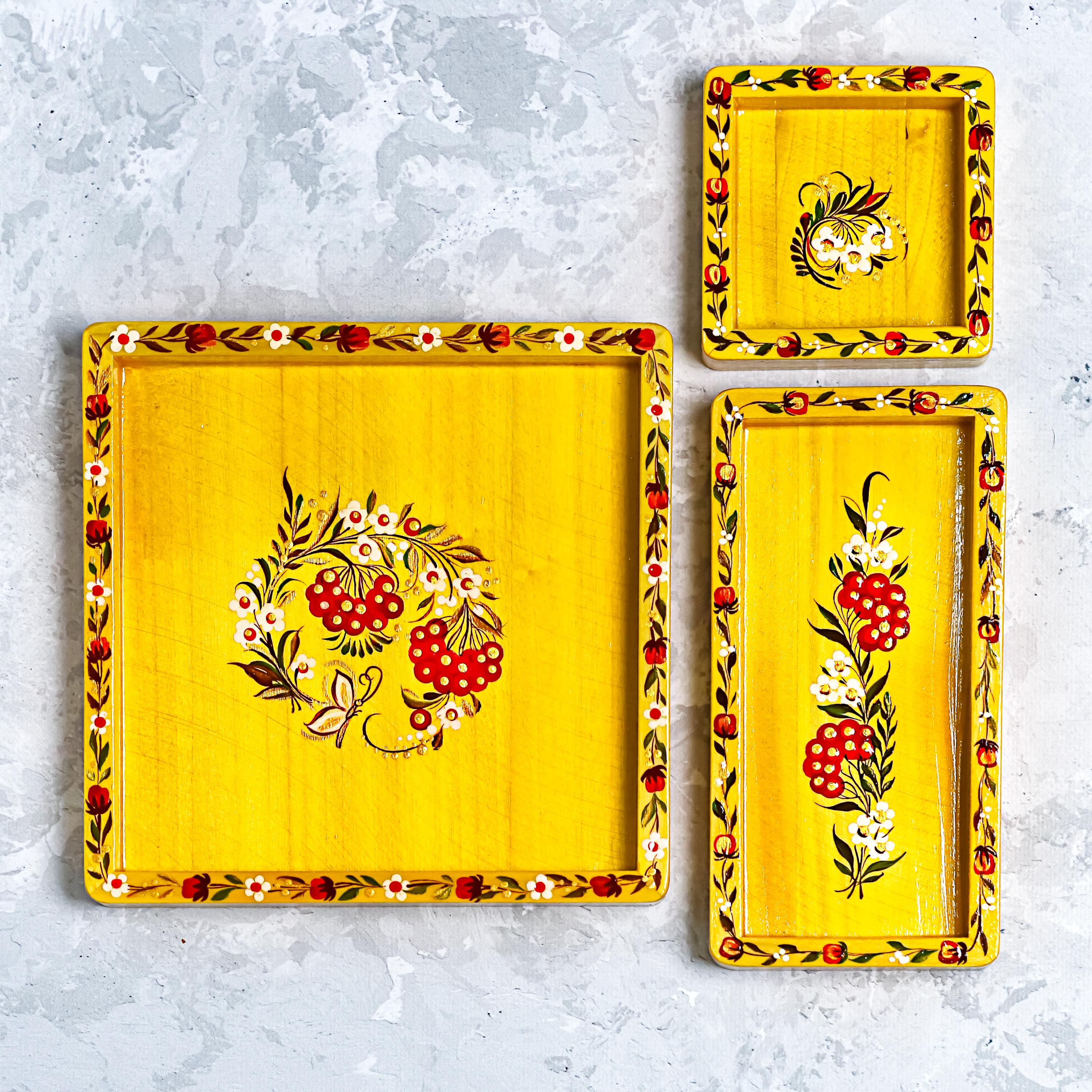 Painted Wooden Vanity Tray with Ukrainian Petrykivka Art - Yellow Flower Catch All Tray