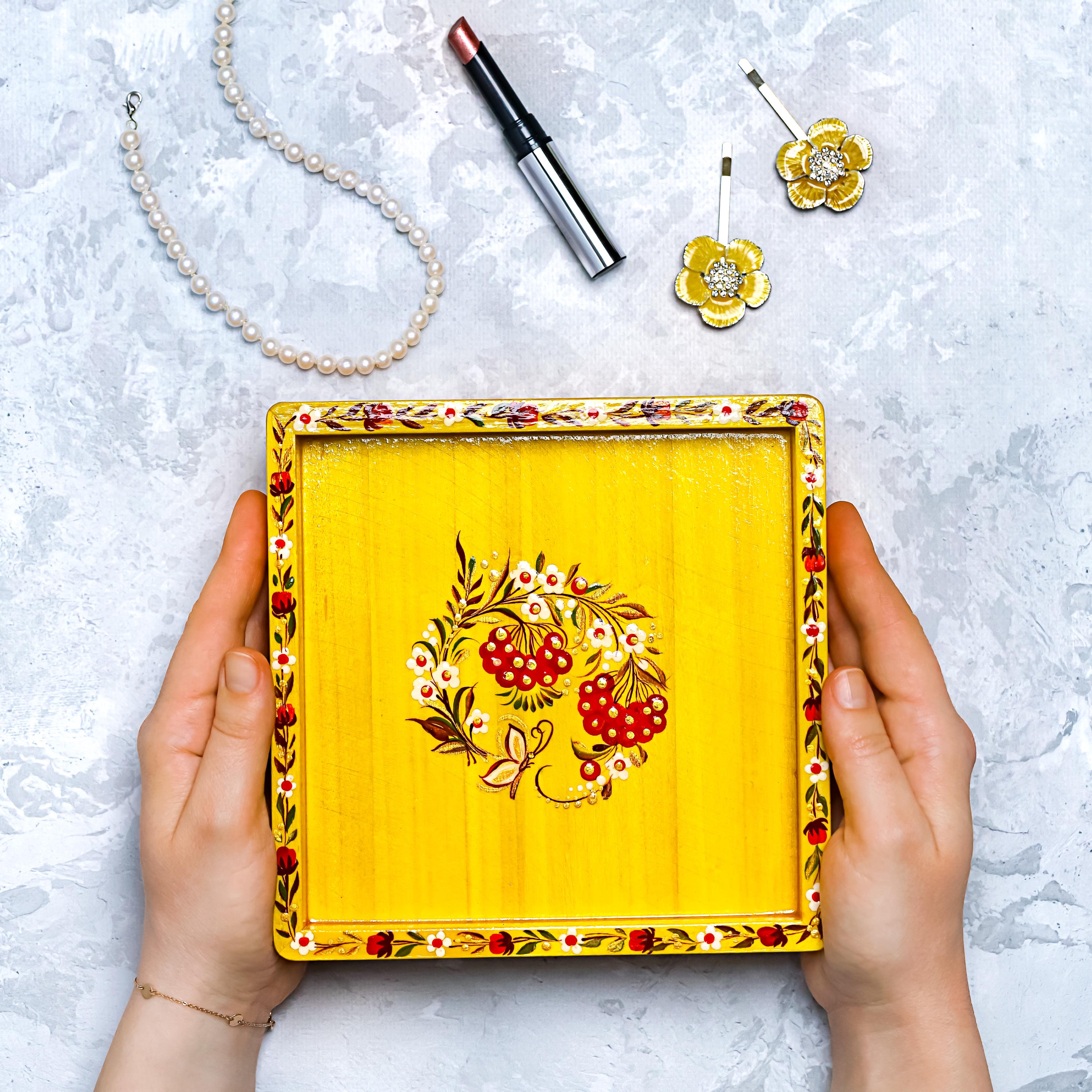 Painted Wooden Decorative Tray with Ukrainian Petrykivka Art - Yellow Flower Catch All Tray