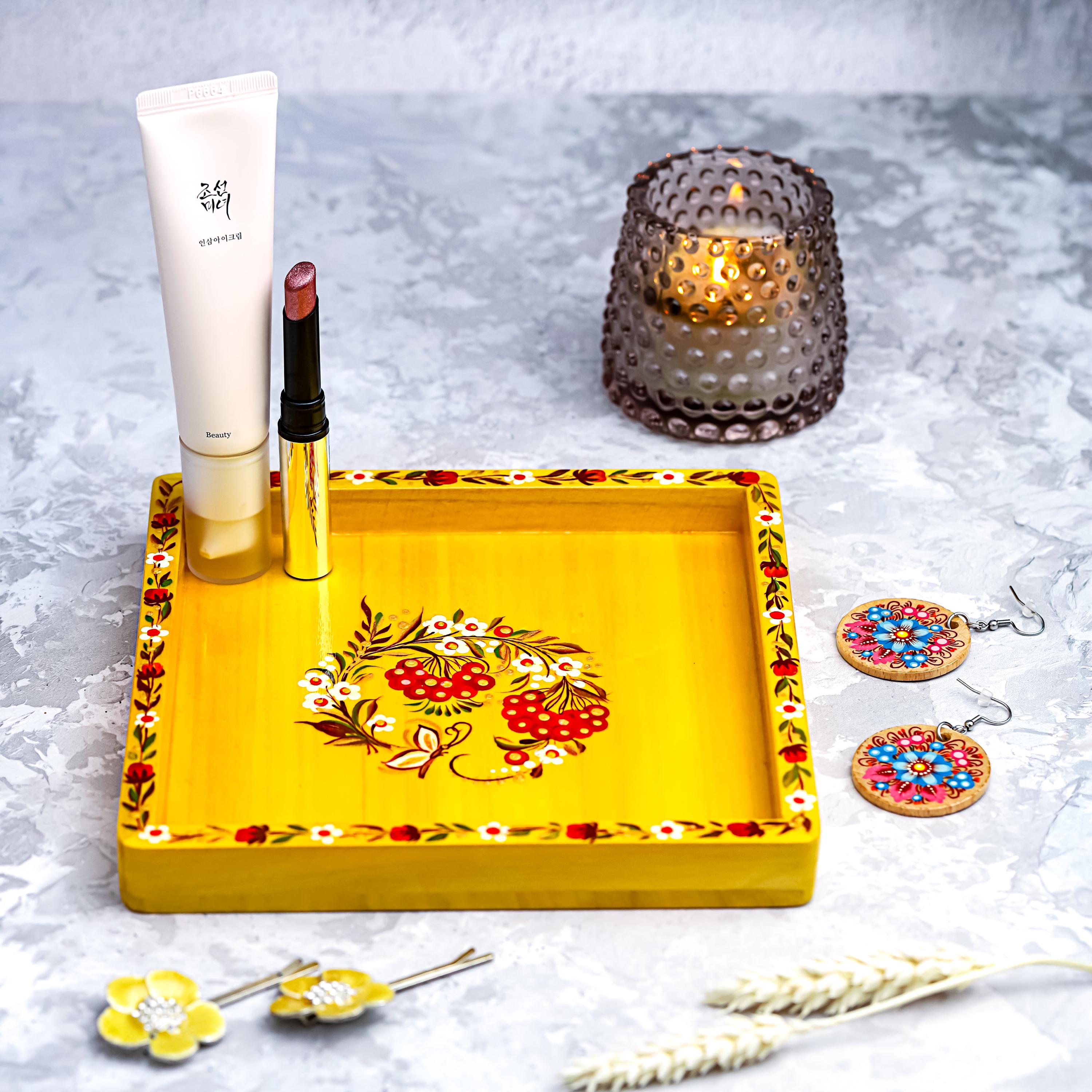 Painted Wooden Vanity Tray with Ukrainian Petrykivka Art - Yellow Flower Catch All Tray