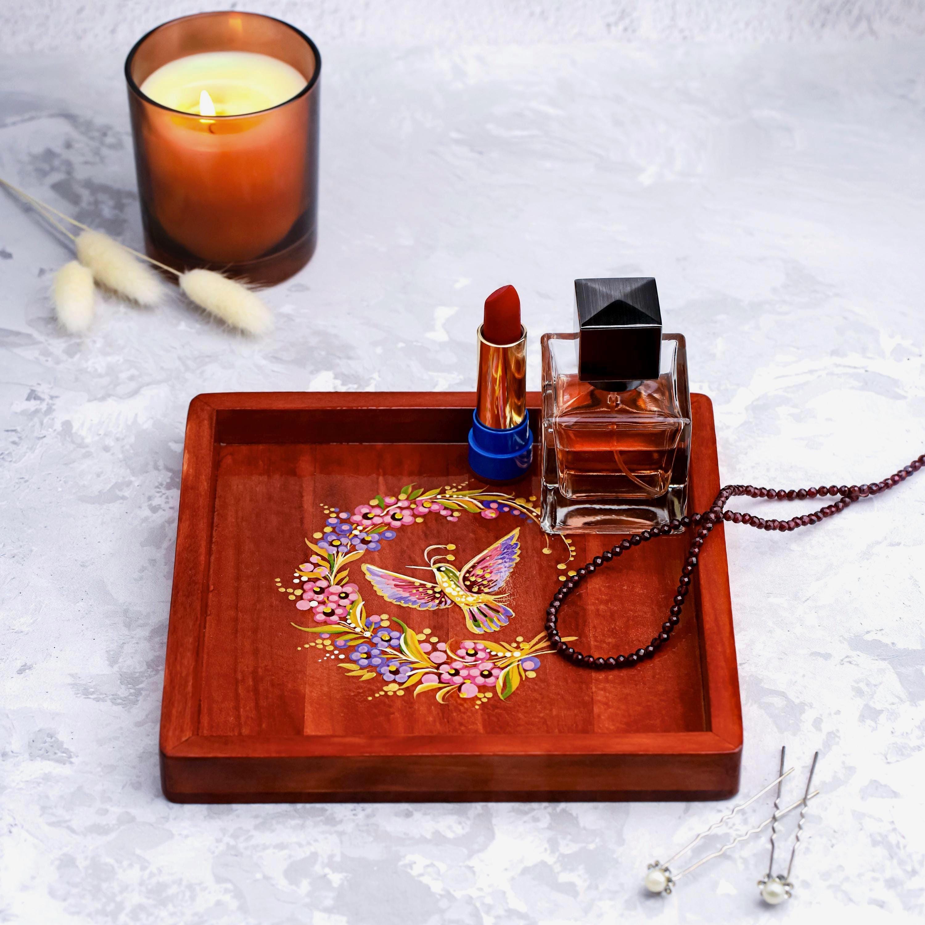 Hand-Painted Wooden Vanity Tray – Ukrainian Petrykivka Hummingbird Cherry Blossom Tray