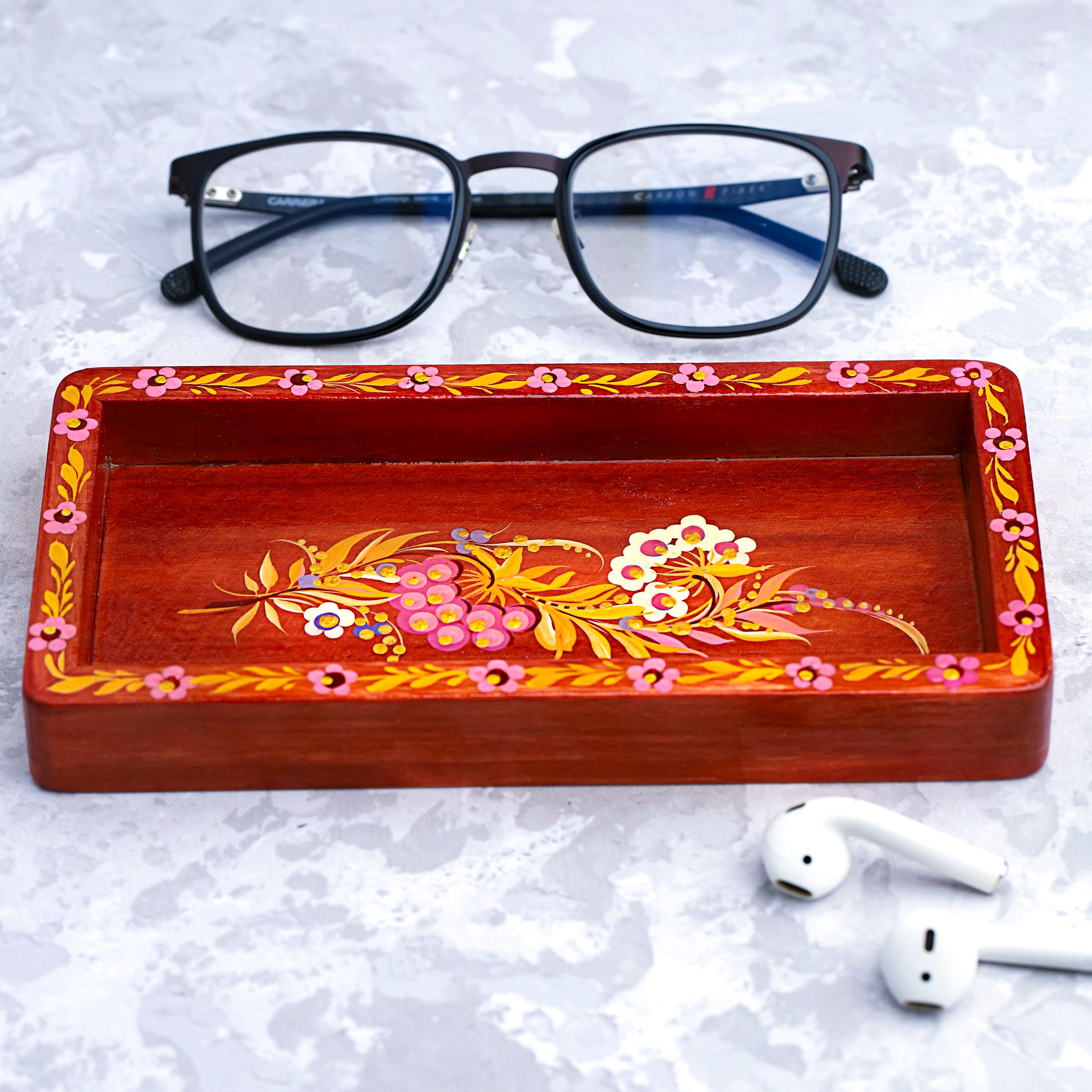 Painted Wooden Ring Dish with Ukrainian Folk Petrykivka Art – Flower Jewelry Tray