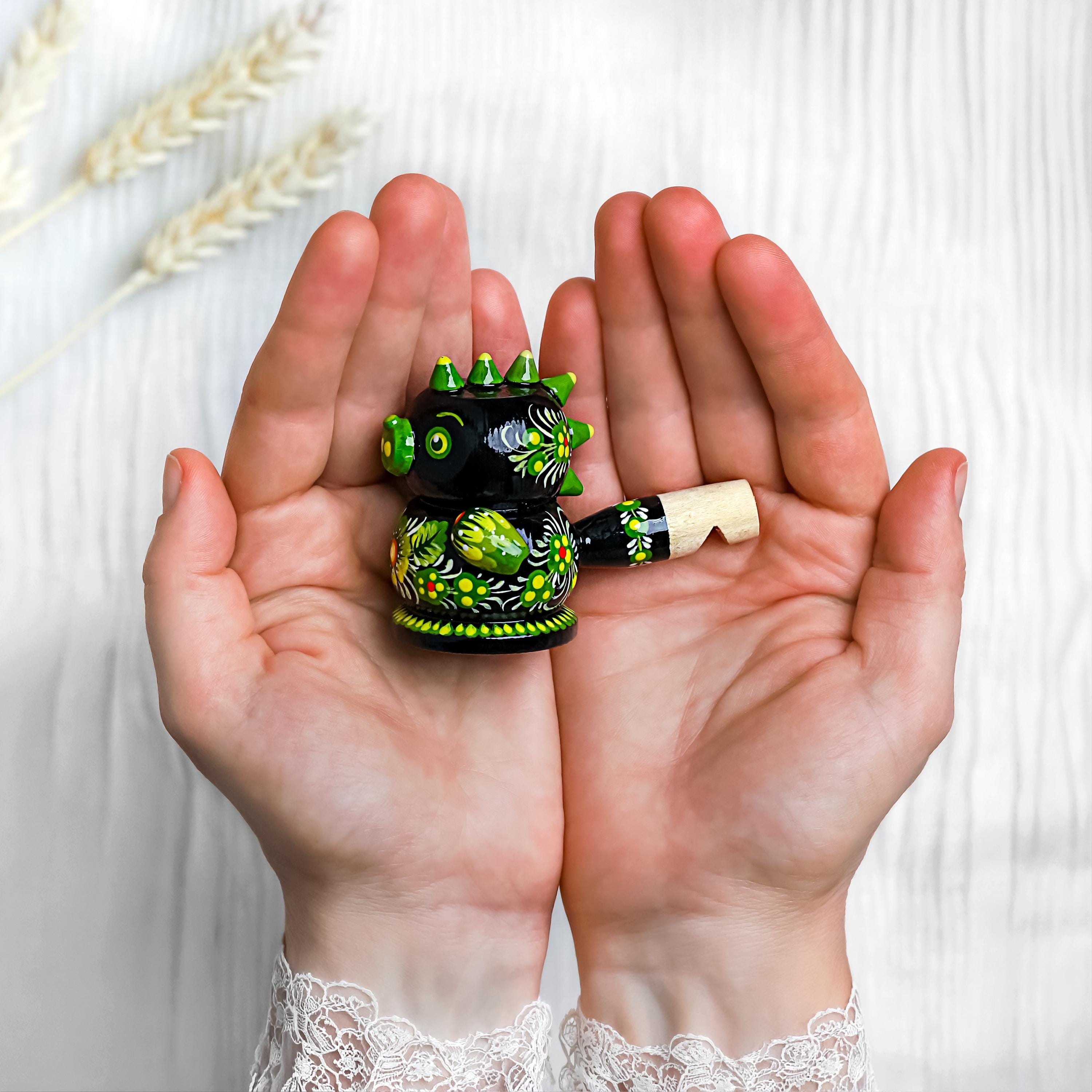 Painted Wooden Whistle Animal Figurine – Ukrainian Petrykivka Folk Art Whistle Toy
