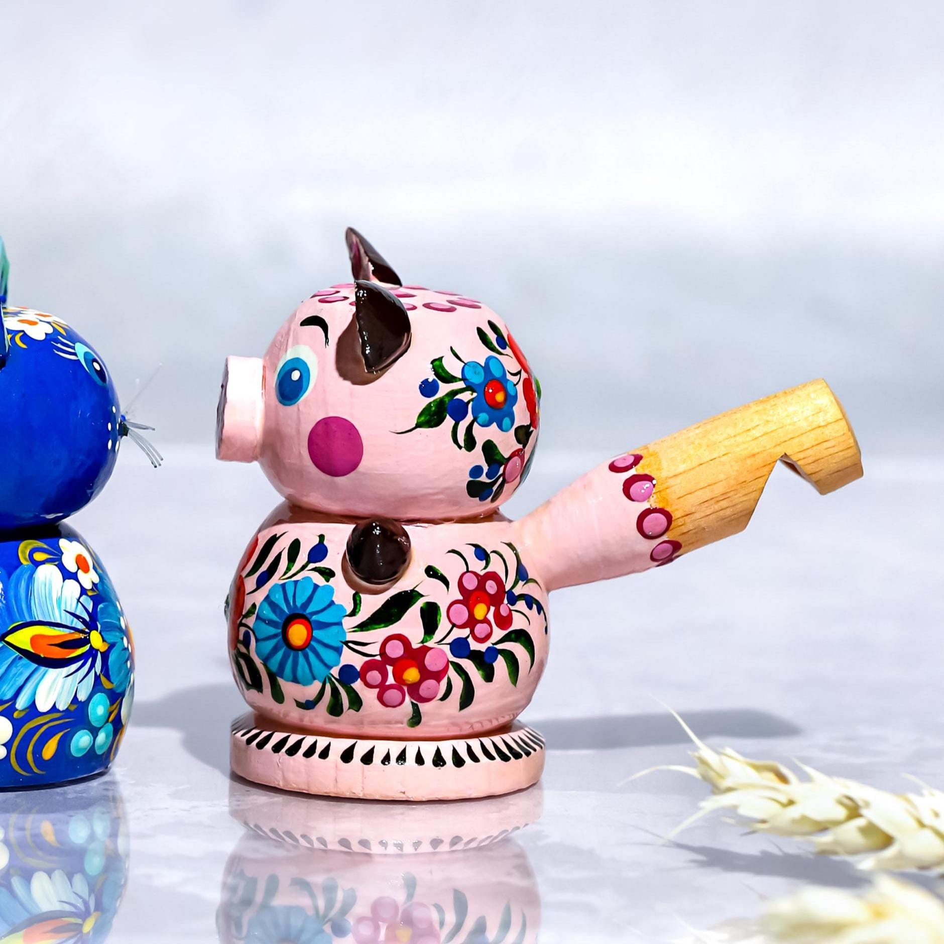 Painted Wooden Whistle Animal Figurine – Ukrainian Petrykivka Folk Art Whistle Toy