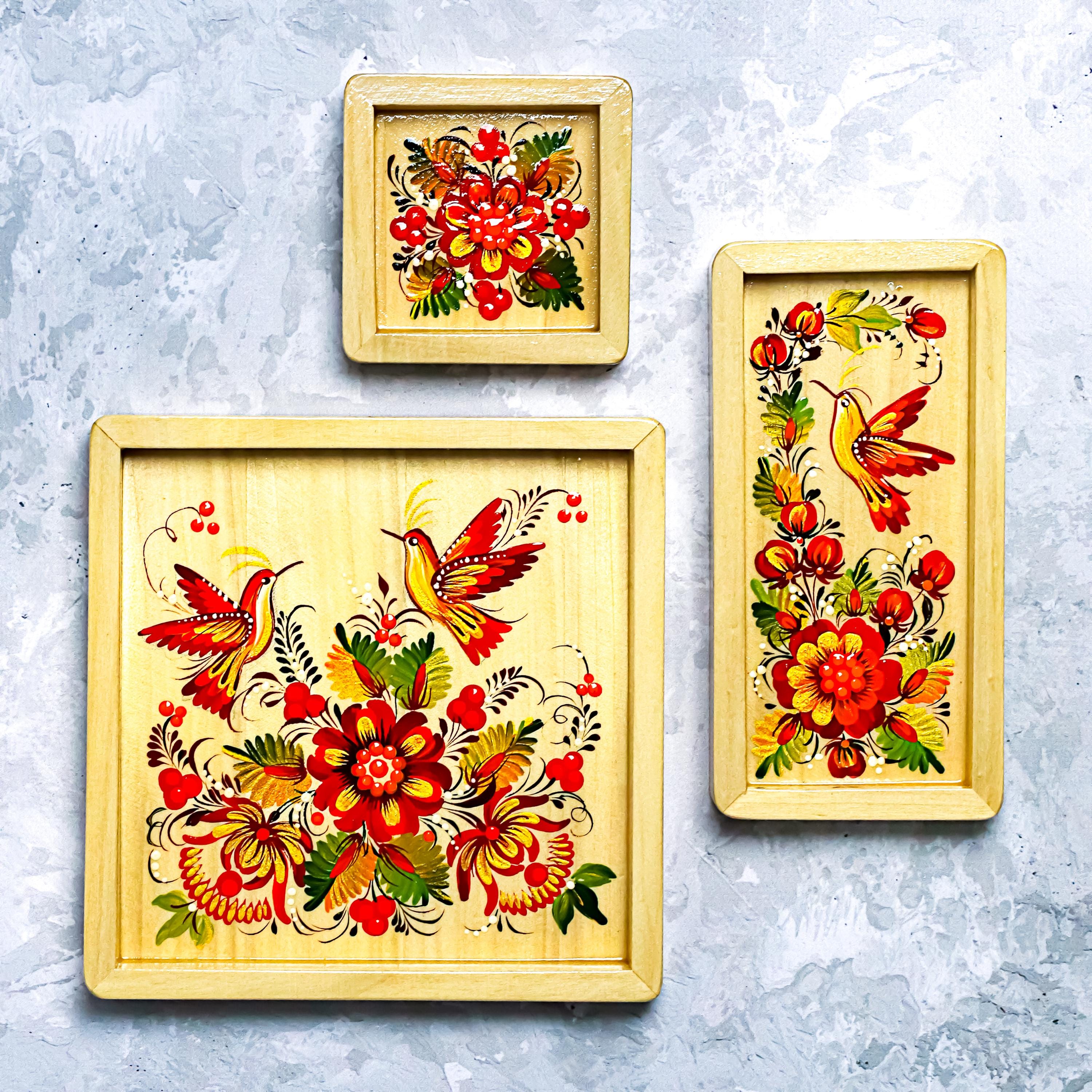 Painted Wooden Vanity Tray with Ukrainian Petrykivka Art - Hummingbird & Flower Valet Tray