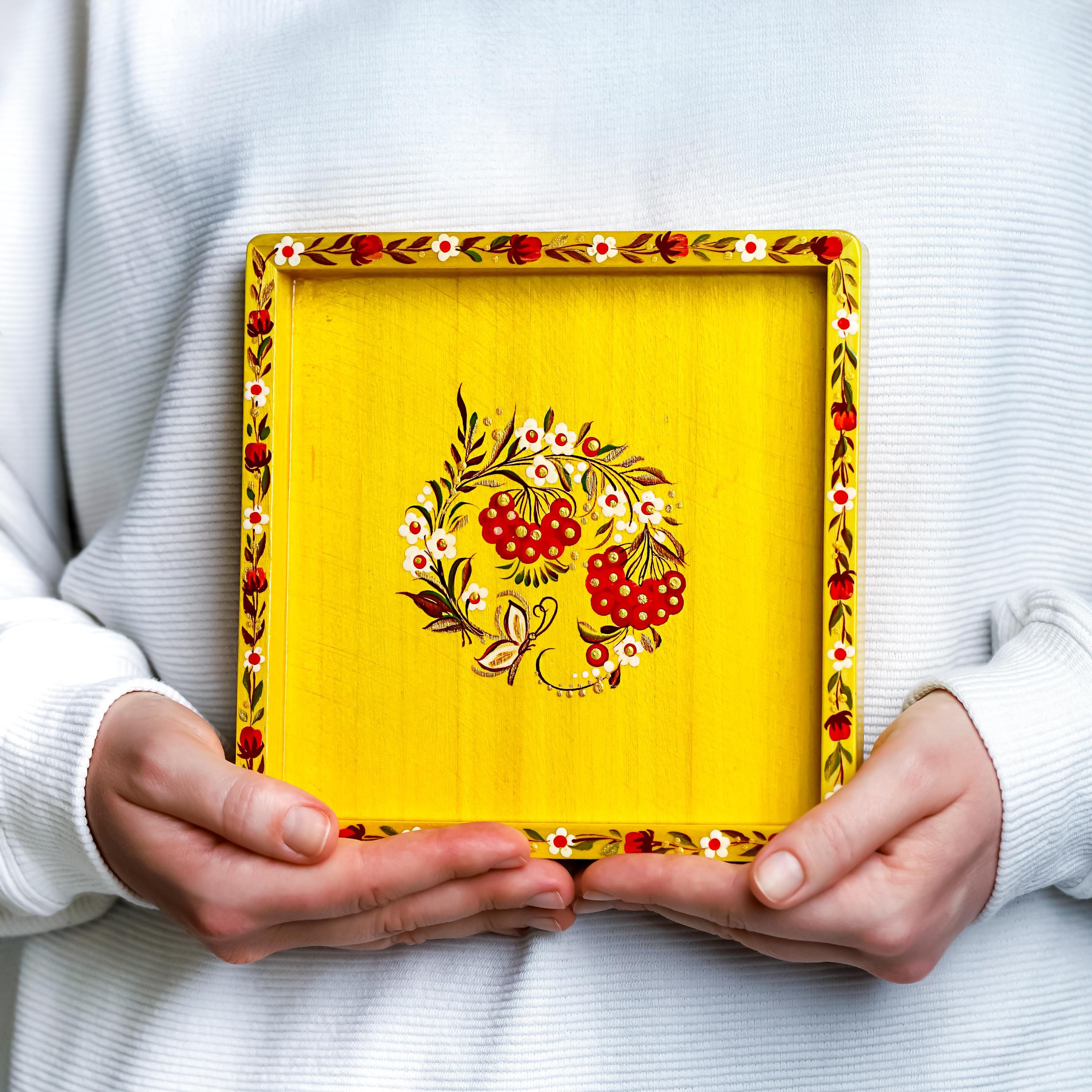 Painted Wooden Decorative Tray with Ukrainian Petrykivka Art - Yellow Flower Catch All Tray