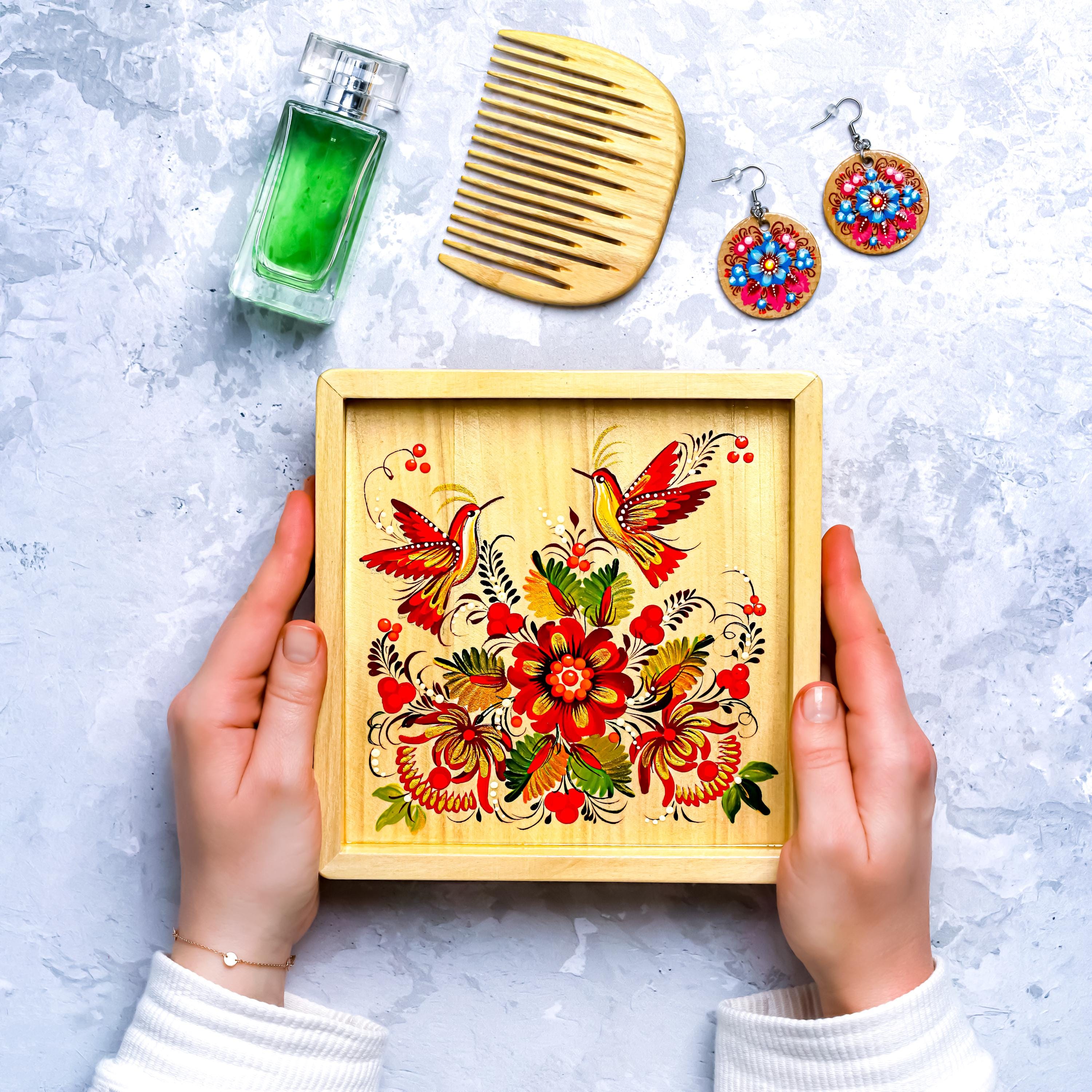 Painted Wooden Jewelry Tray with Ukrainian Folk Petrykivka Art - Red Flower Ring Dish