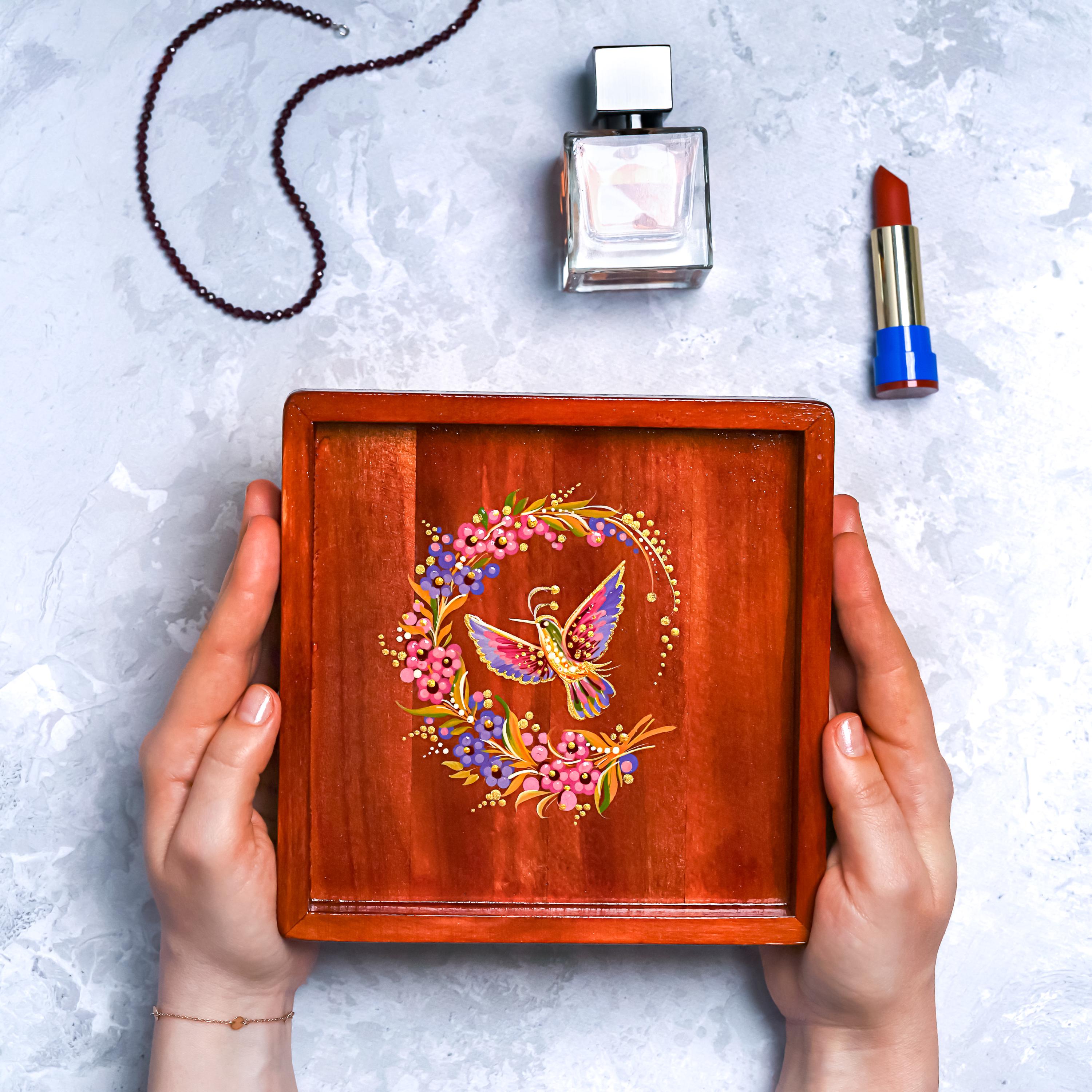 Painted Wooden Tray with Ukrainian Petrykivka Folk Art - Flower Catch All Tray