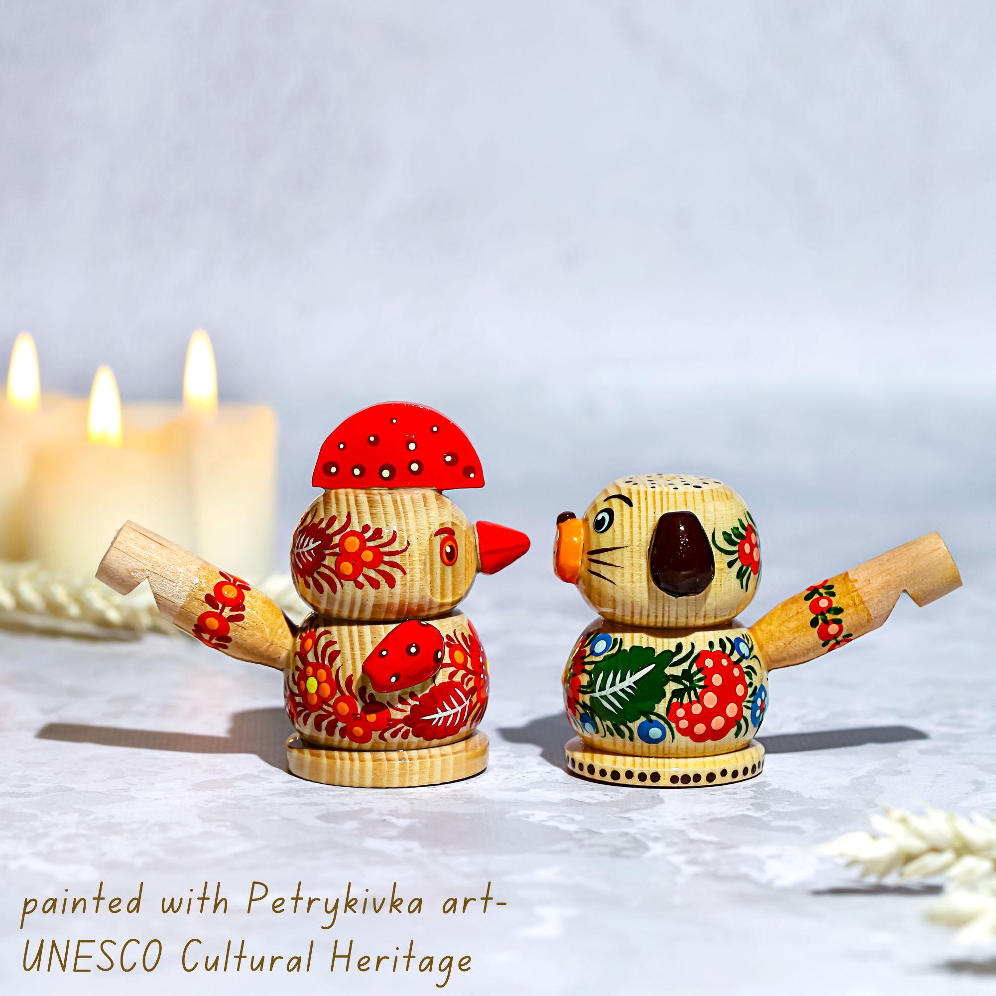 Painted Wooden Whistle Animal Figurine – Ukrainian Petrykivka Folk Art Whistle Toy