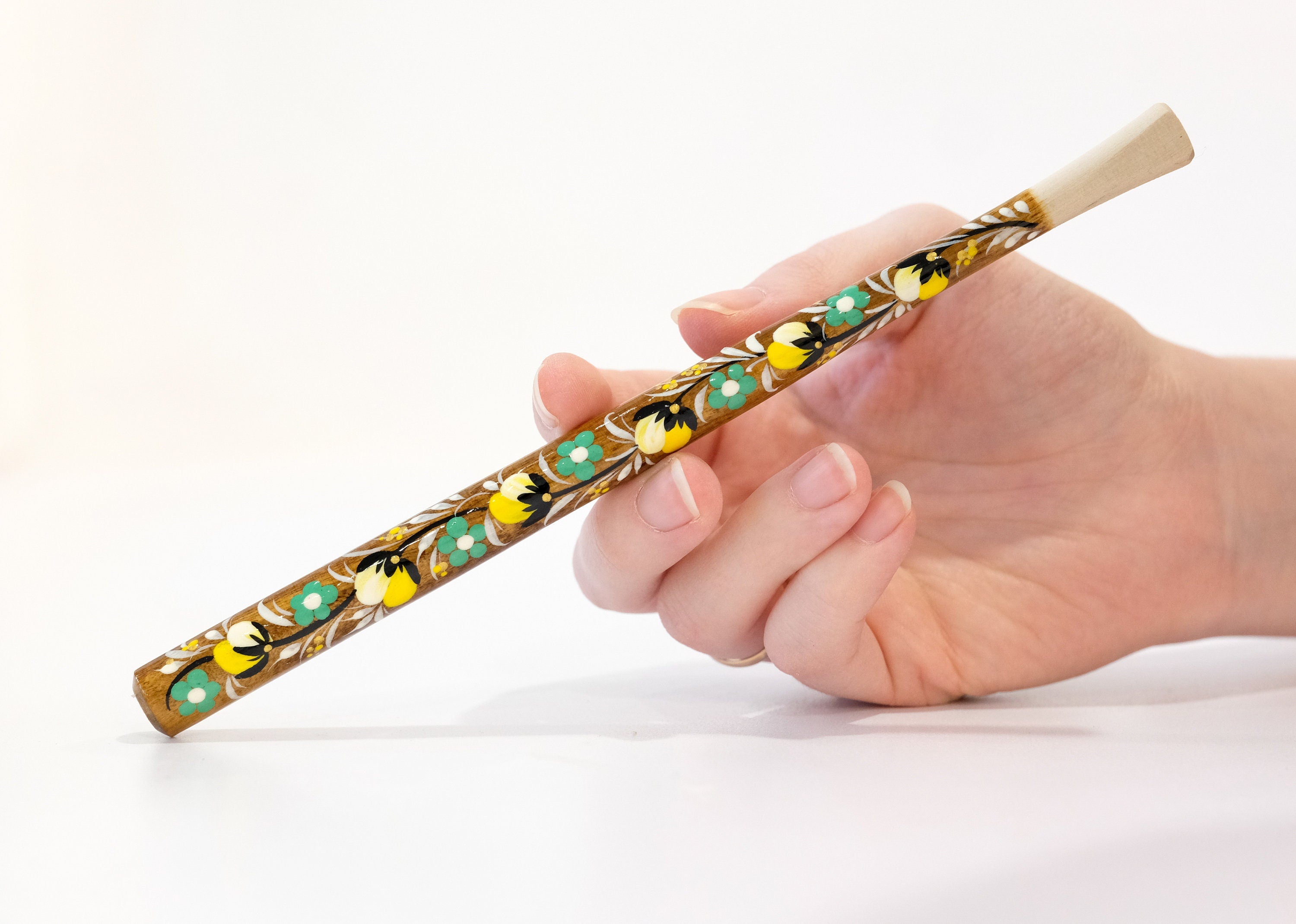 Long Wooden Regular Cigarette Holder - Hand-painted with Ukrainian Folk Art Petrykivka - Yellow Flowers