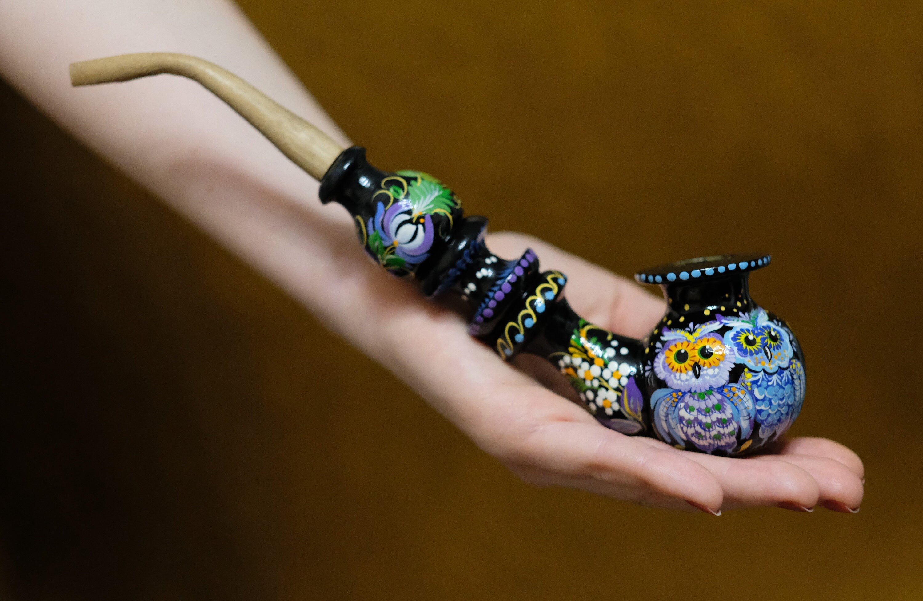 Hand-Painted Wooden Owl Couple Smoking Pipe with Ukrainian Folk Art Petrykivka