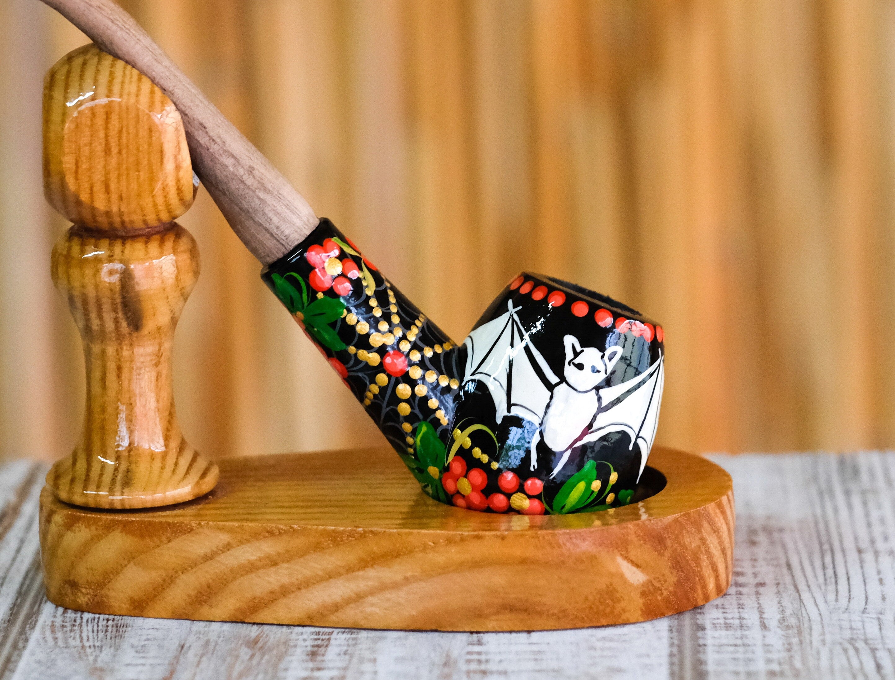 Painted Flying Bat Smoking Pipe - Halloween Wooden Tobacco Pipe Made in Ukraine