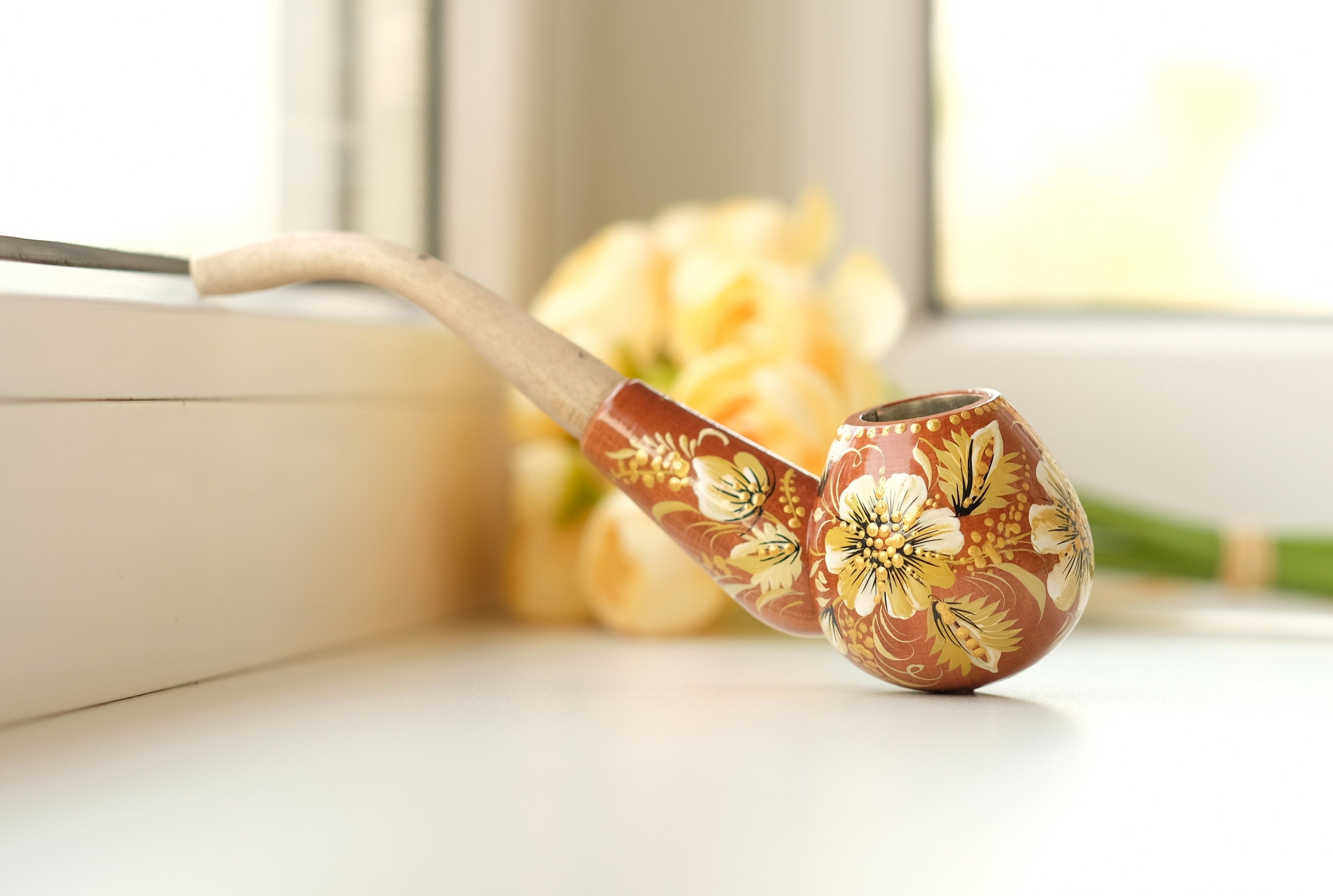 Wooden Tobacco Smoking Pipe - Personalized Beige & Gold Flower Pipe with Ukrainian Folk Art Petrykivka