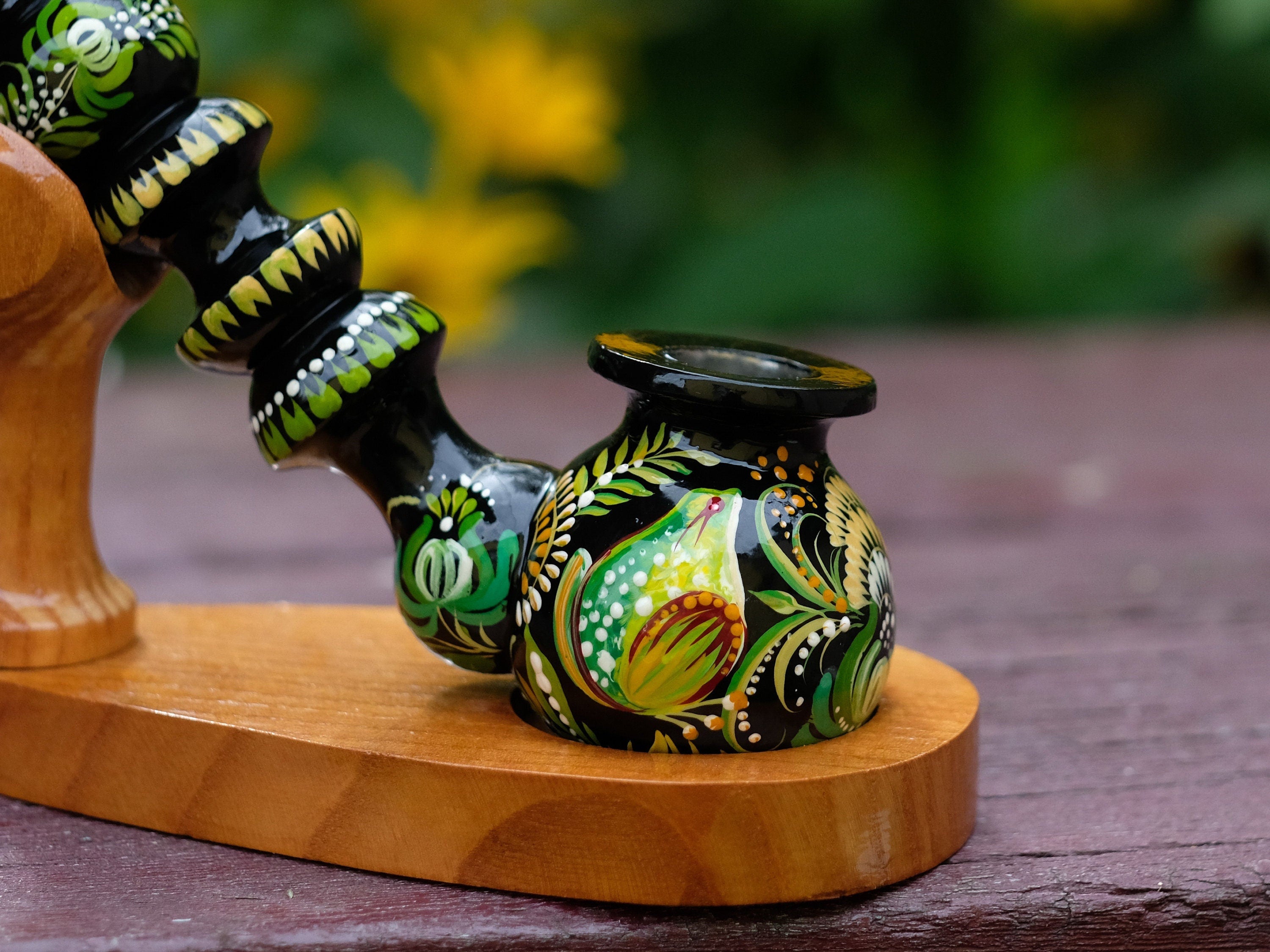 Painted Wooden Frog Smoking Pipe - Ukrainian Folk Art Petrykivka Tobacco Pipe