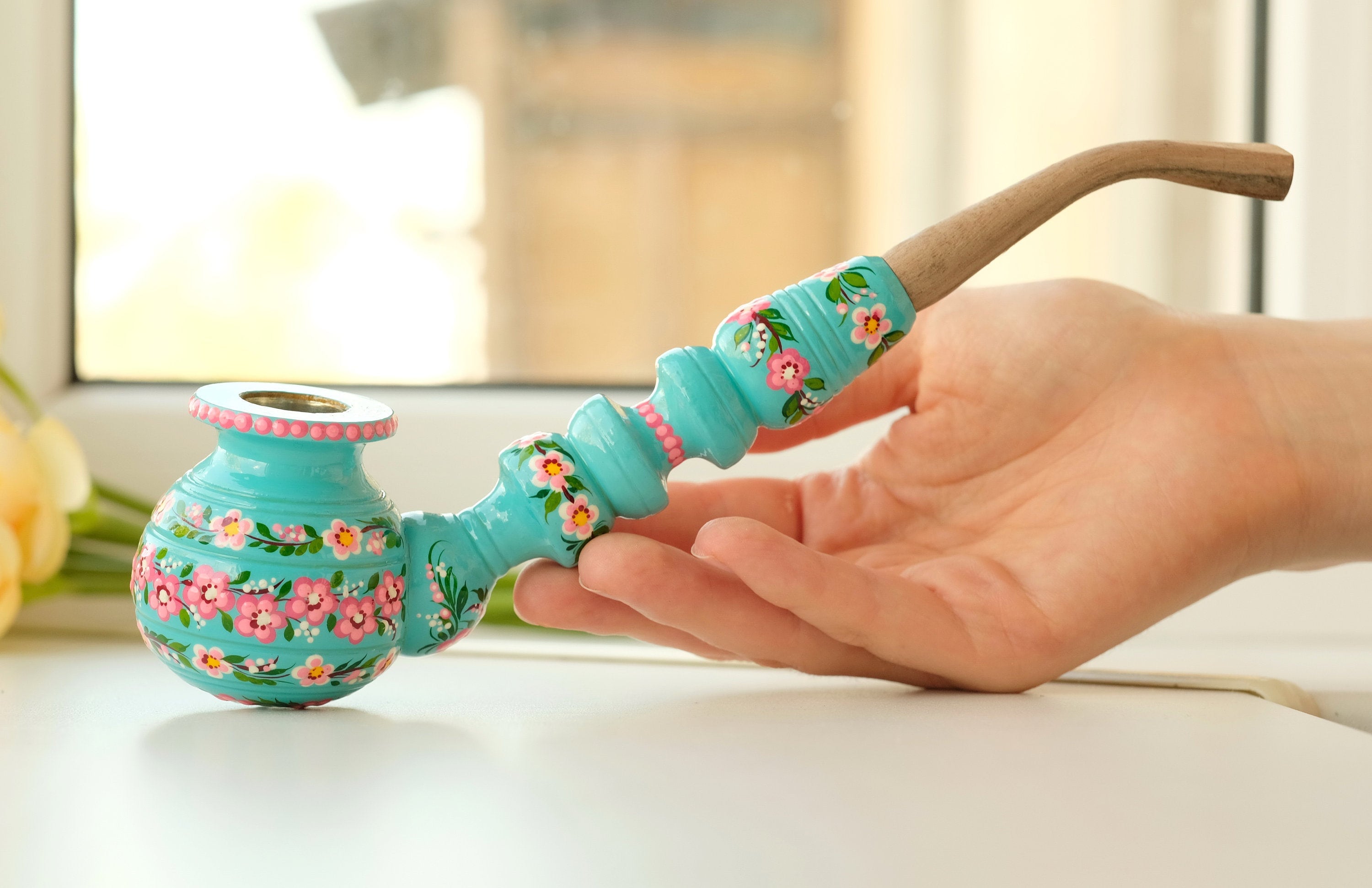 Wooden Smoking Pipe with Painted Cherry Blossom - Ukrainian Folk Art Petrykivka