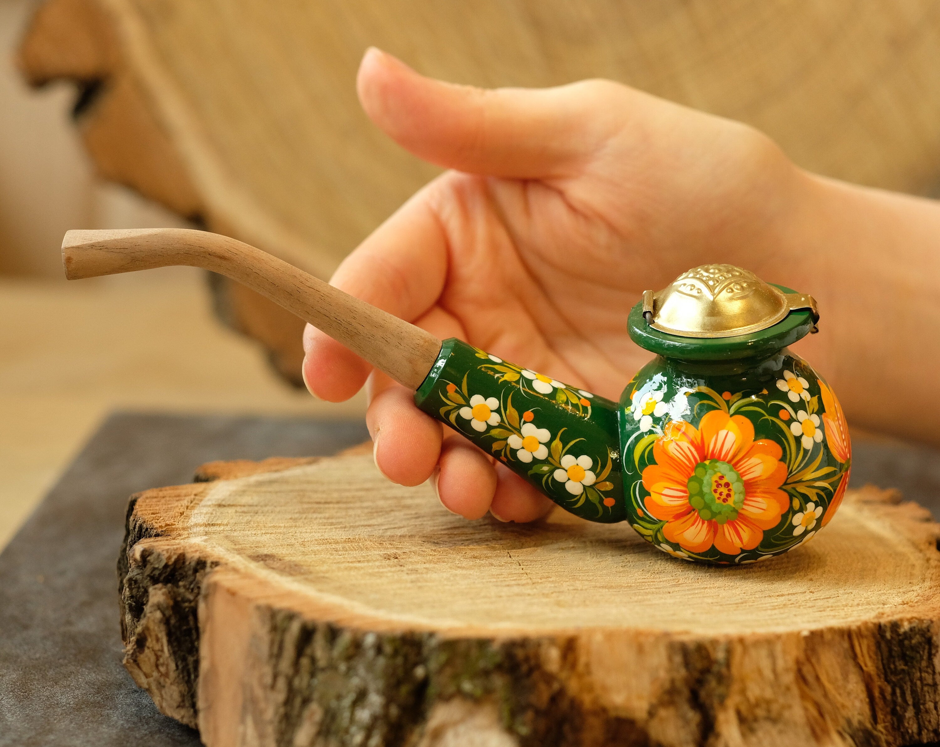 Painted Wooden Sunflower Smoking Pipe with Lid - Ukrainian Folk Art Petrykivka