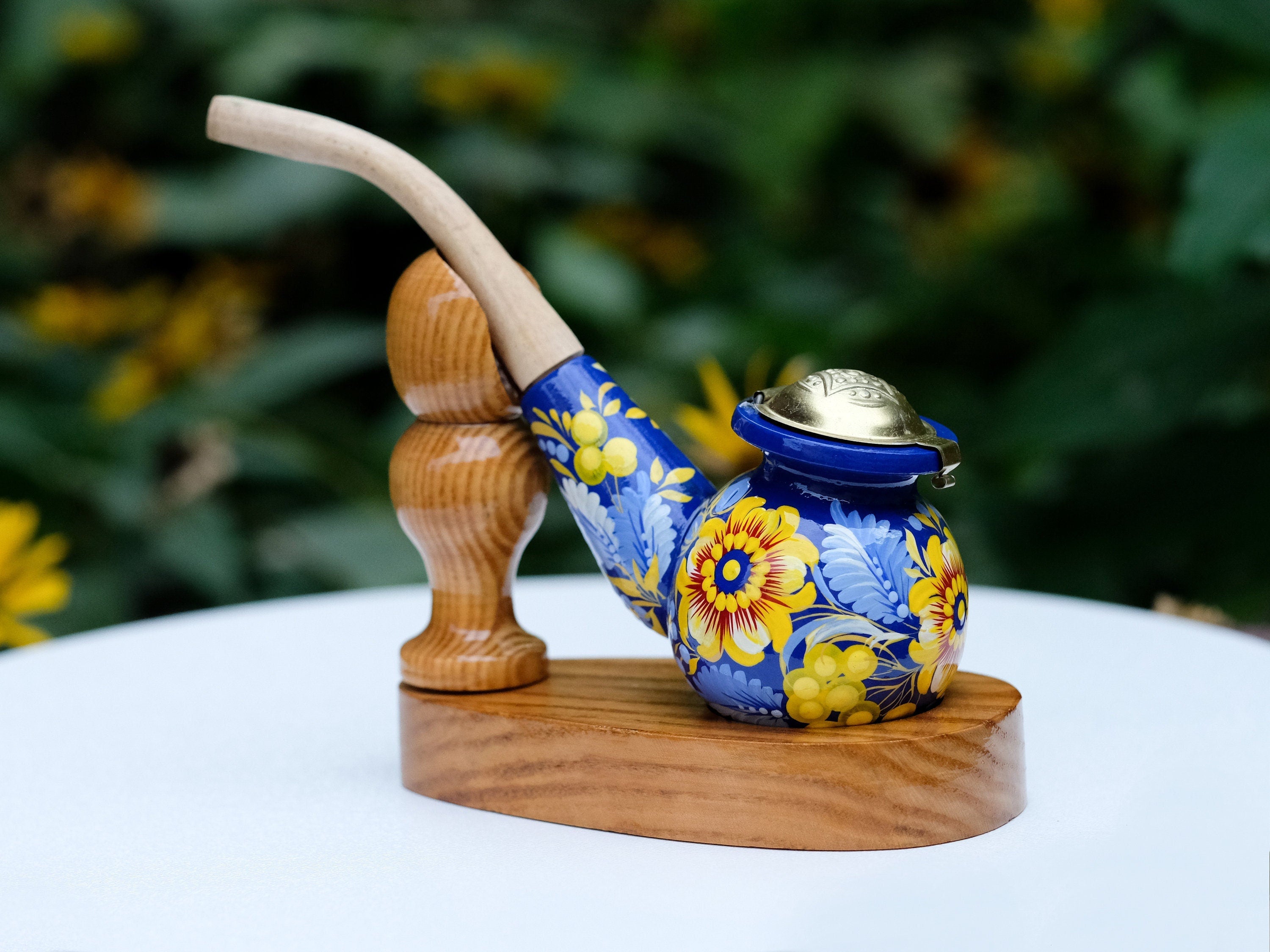 Painted Wooden Smoking Pipe with Lid - Blue & Yellow Ukrainian Folk Art Petrykivka Tobacco Pipe
