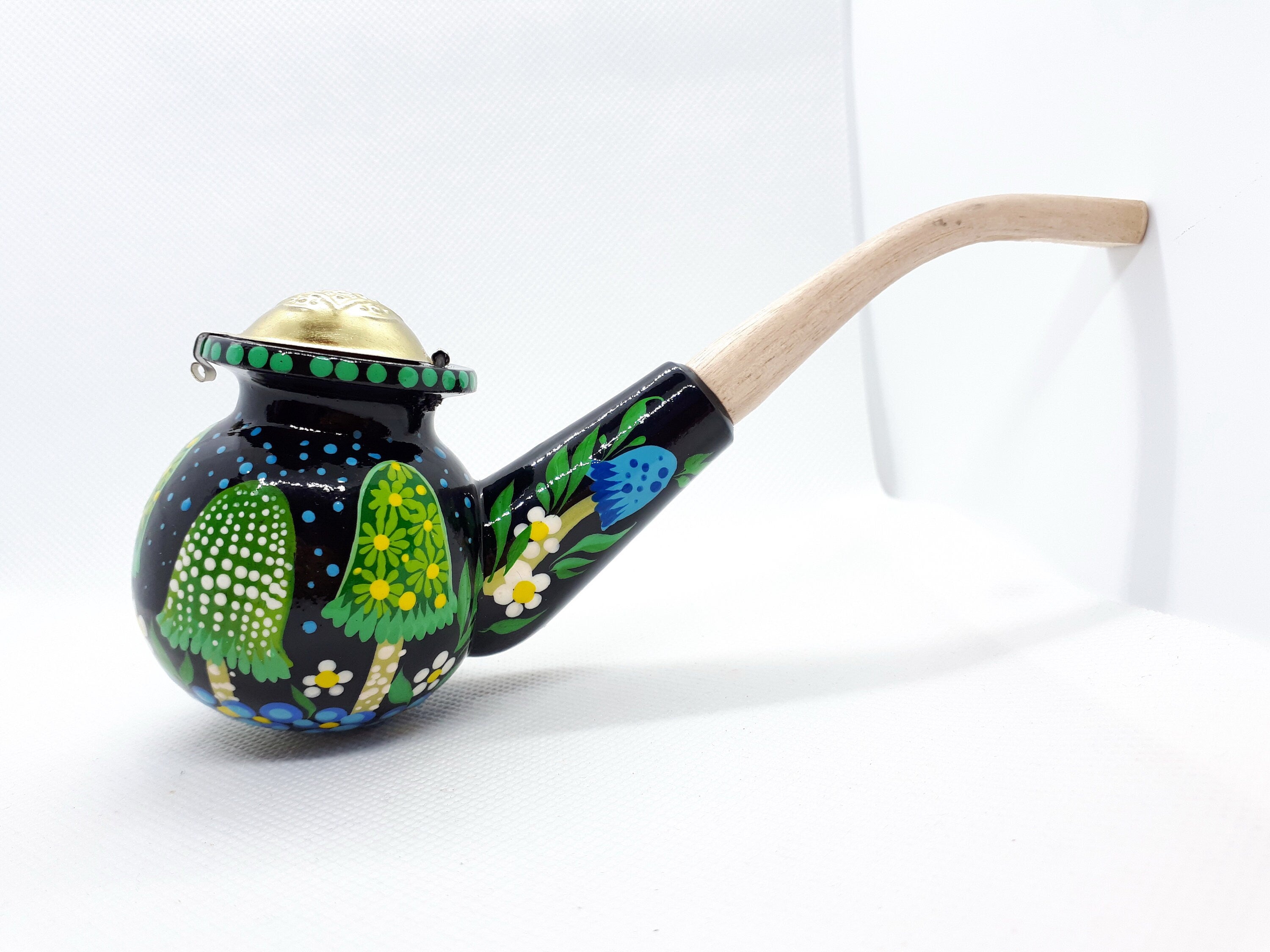 Wooden Mushroom Smoking Pipe with Lid - Ukrainian Folk Art Petrykivka Tobacco Pipe