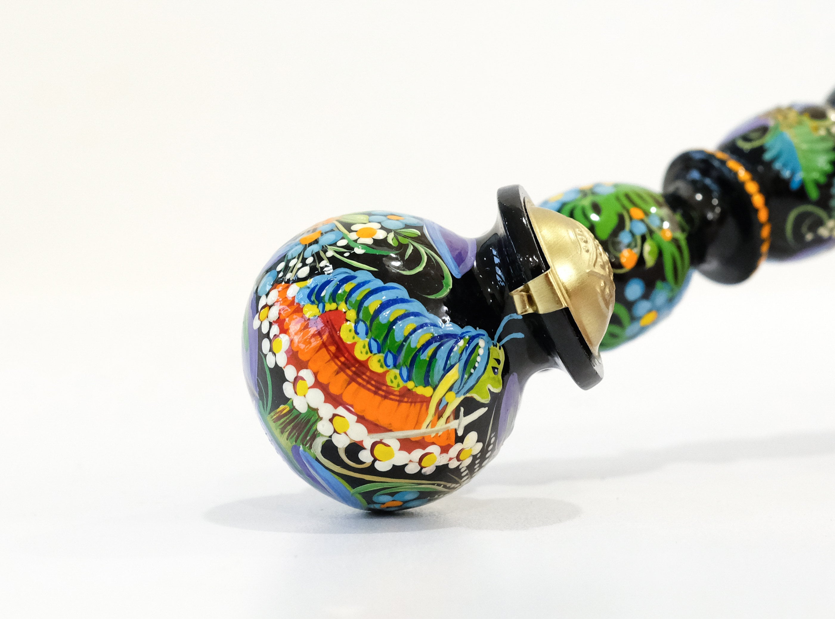 Painted Wooden Smoking Caterpillar Pipe with Lid - Ukrainian Folk Art Petrykivka Tobacco Pipe